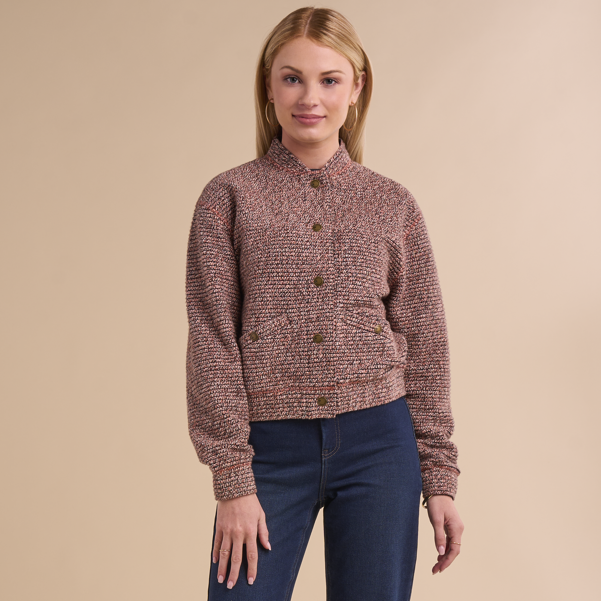 Image of Natural Reflections Marled Knit Bomber-Style Jacket - Orange Multi