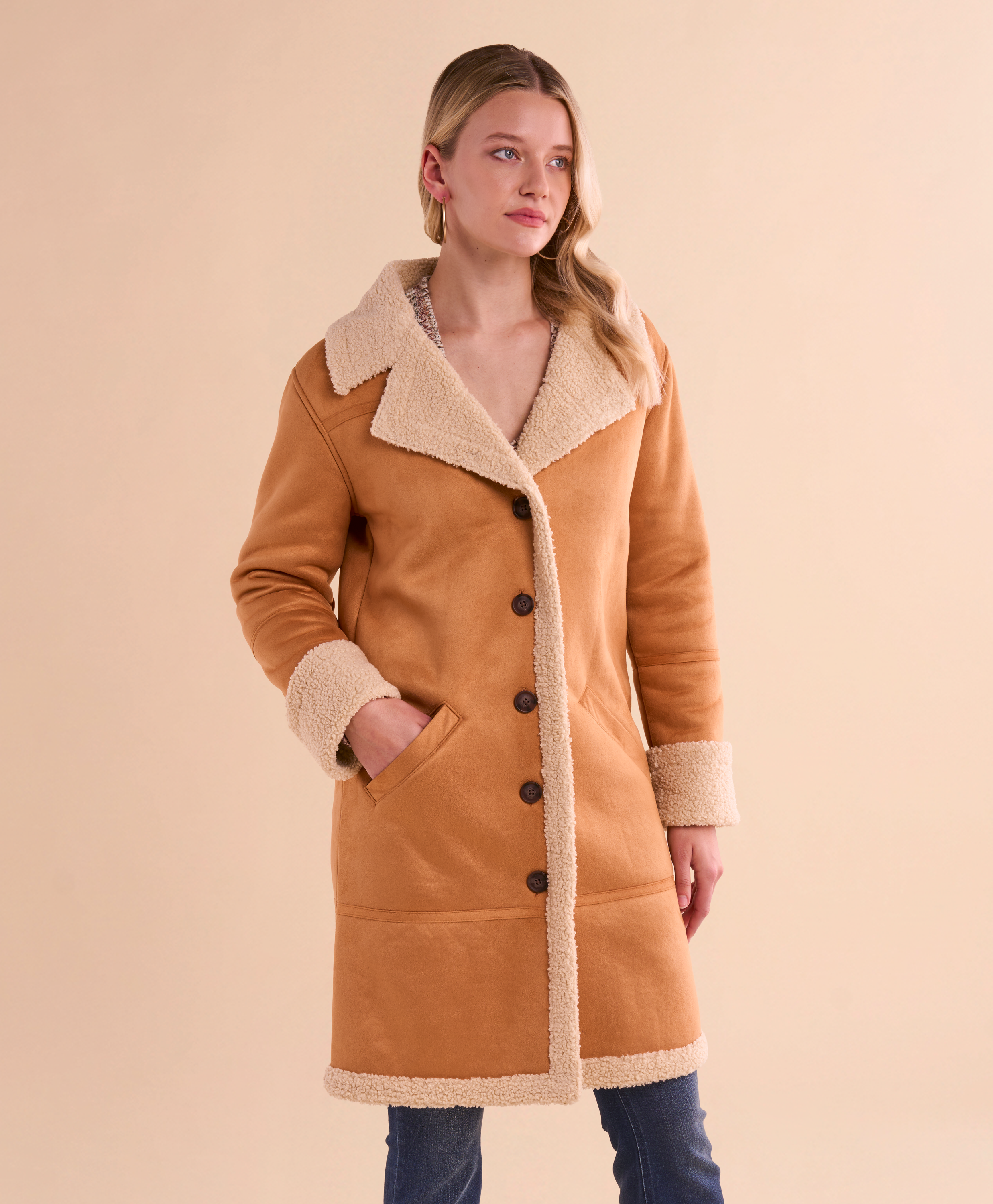 Image of Natural Reflections Sherpa-Lined Faux-Suede Coat - Biscuit