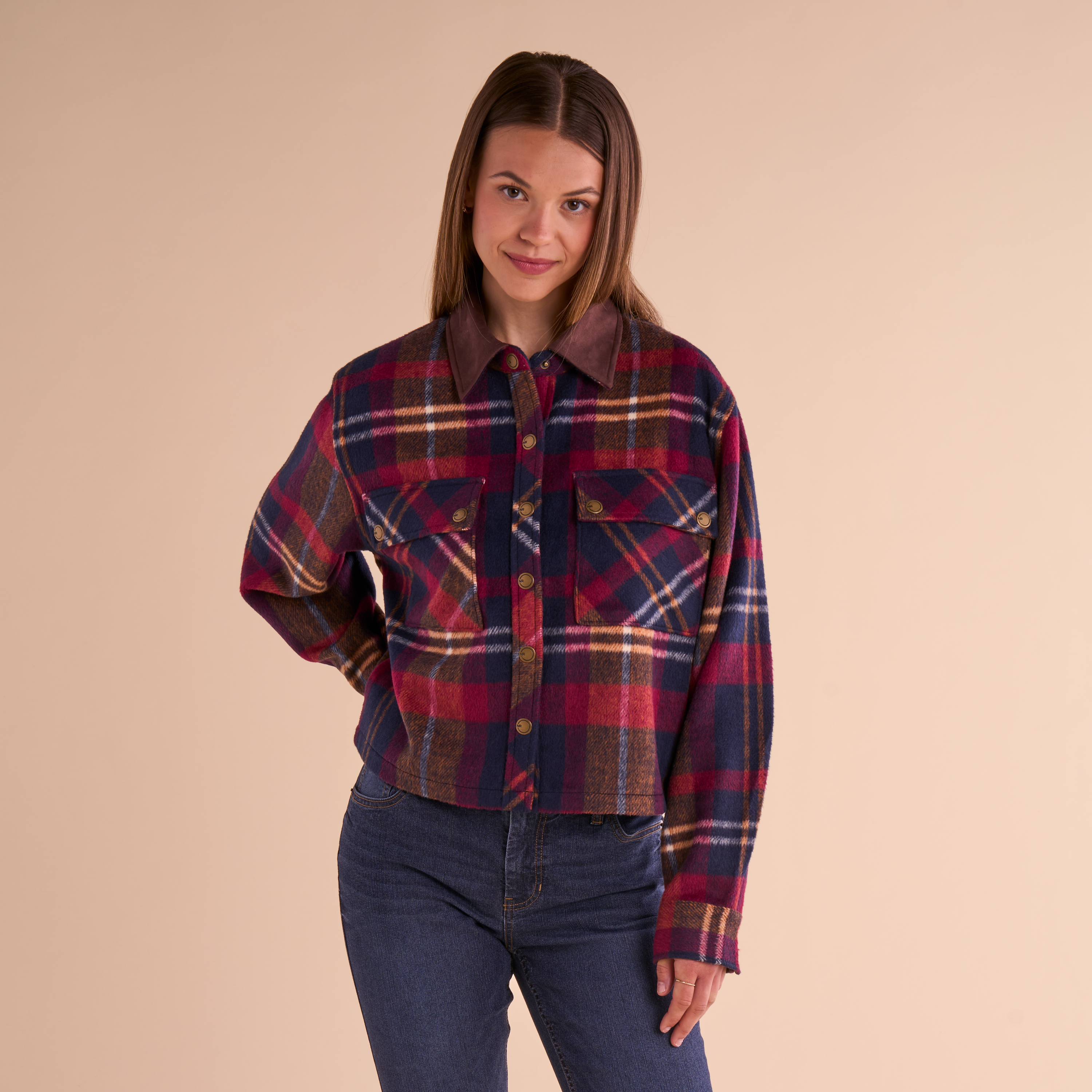 Image of Natural Reflections Cropped Plaid Shirt Jacket - Navy Plaid