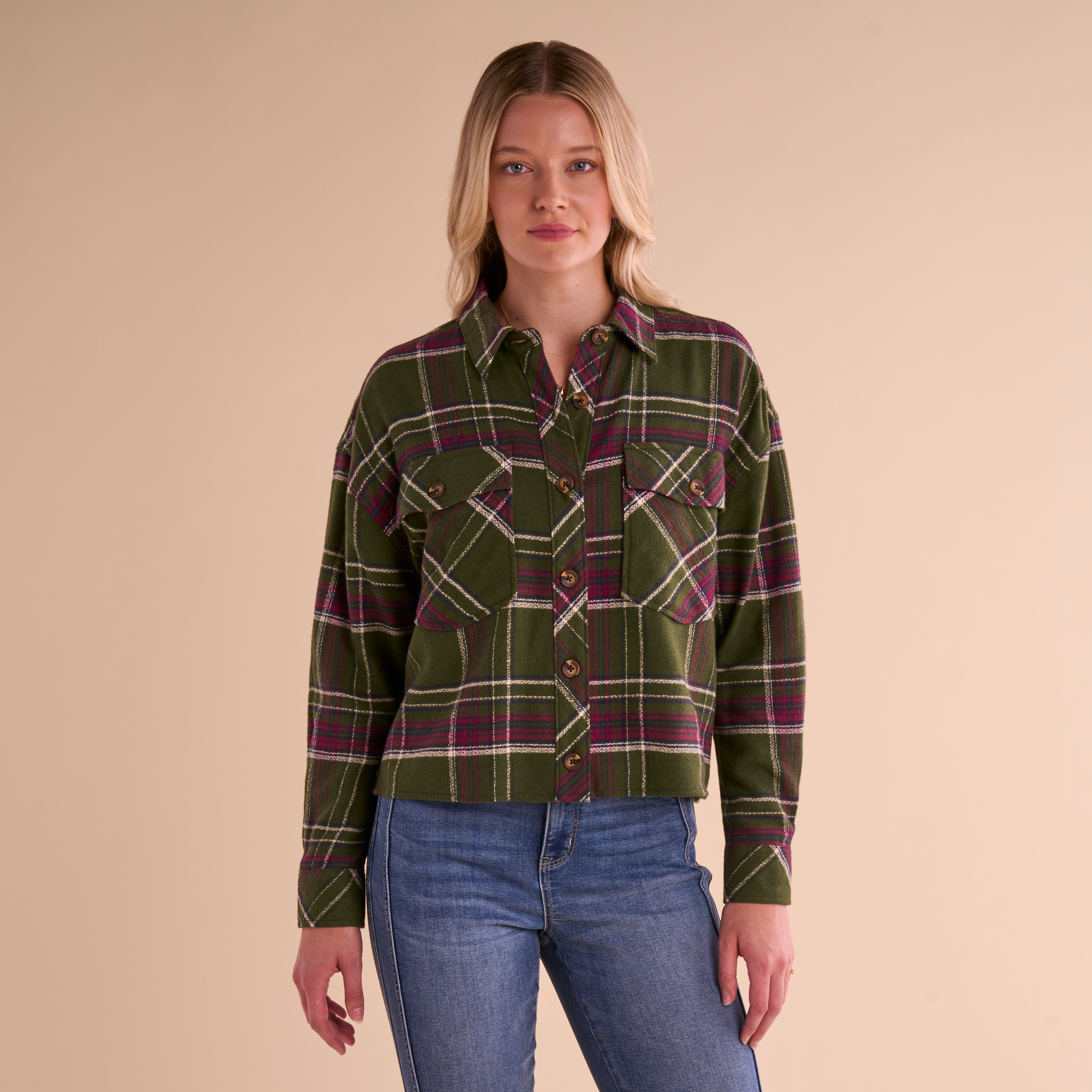 Image of Natural Reflections Cropped Plaid Long-Sleeve Shirt - Green Plaid