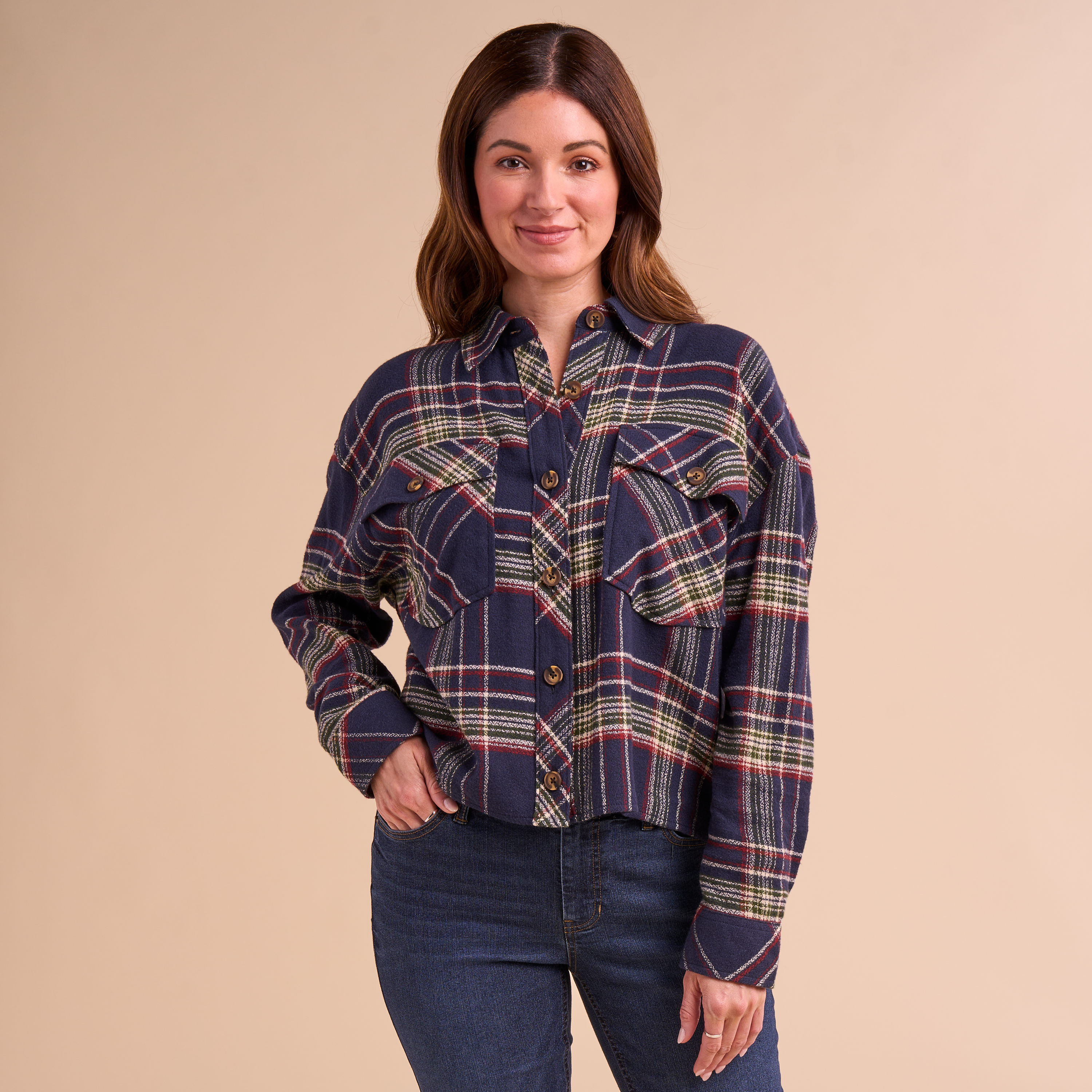 Image of Natural Reflections Cropped Plaid Long-Sleeve Shirt - Navy Plaid