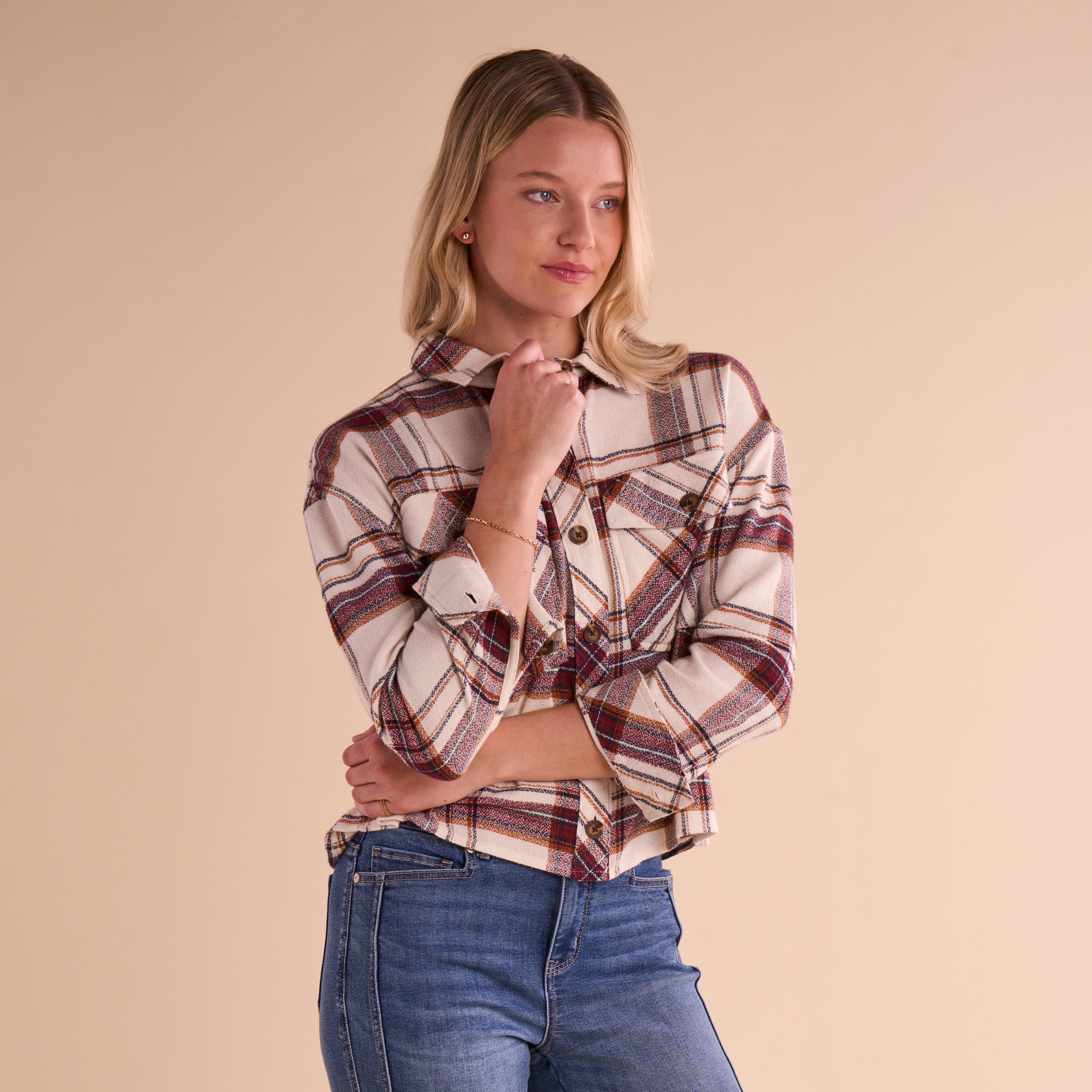 Image of Natural Reflections Cropped Plaid Long-Sleeve Shirt - Egret Plaid