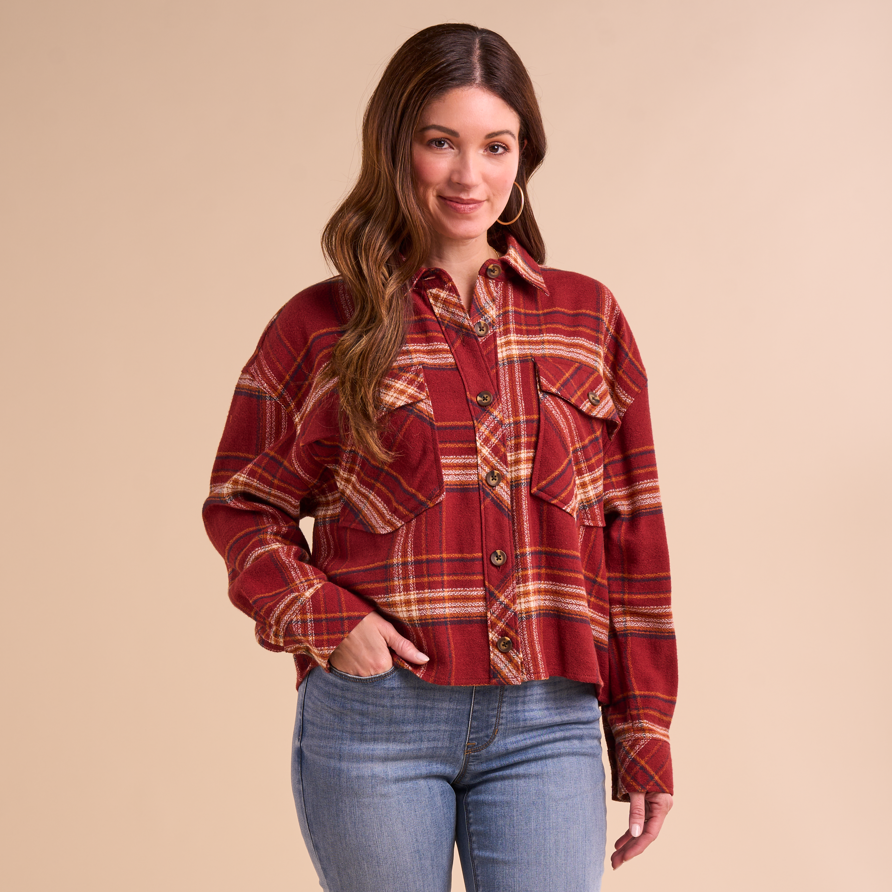 Image of Natural Reflections Cropped Plaid Long-Sleeve Shirt - Fired Brick Plaid