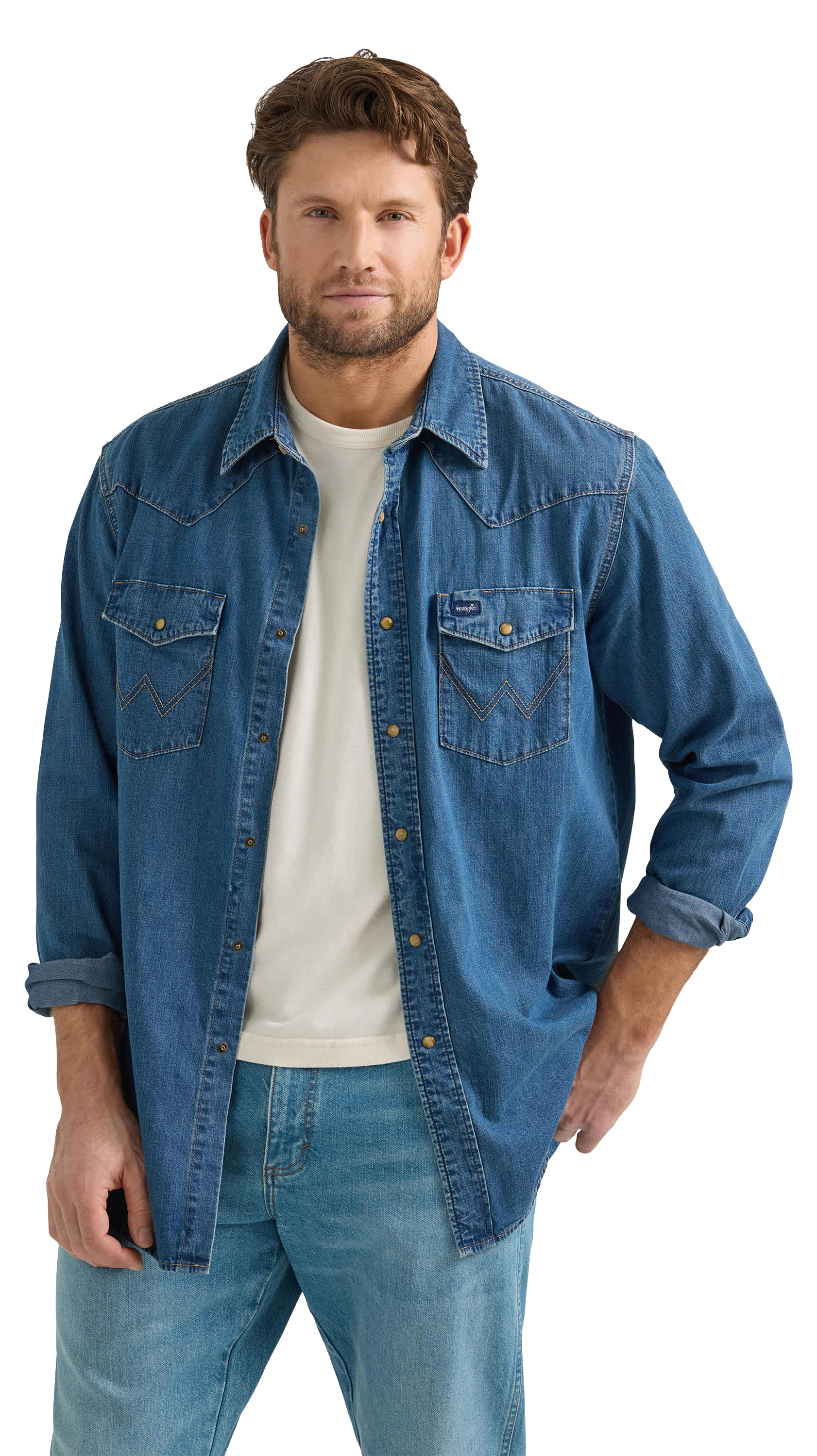 Image of Wrangler Denim Collection Long-Sleeve Shirt for Men - Mid Wash Denim