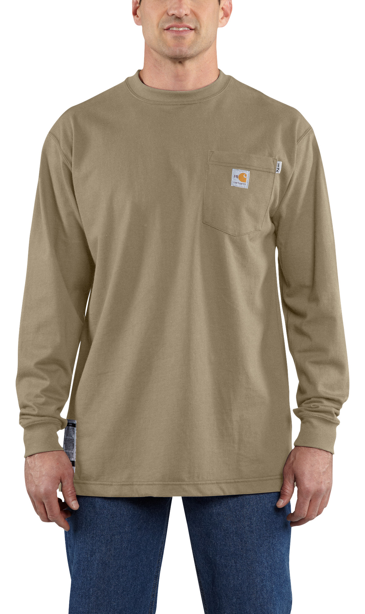 Image of Carhartt Flame-Resistant Carhartt Force Cotton Long-Sleeve T-Shirt for Men - Khaki - 4XL