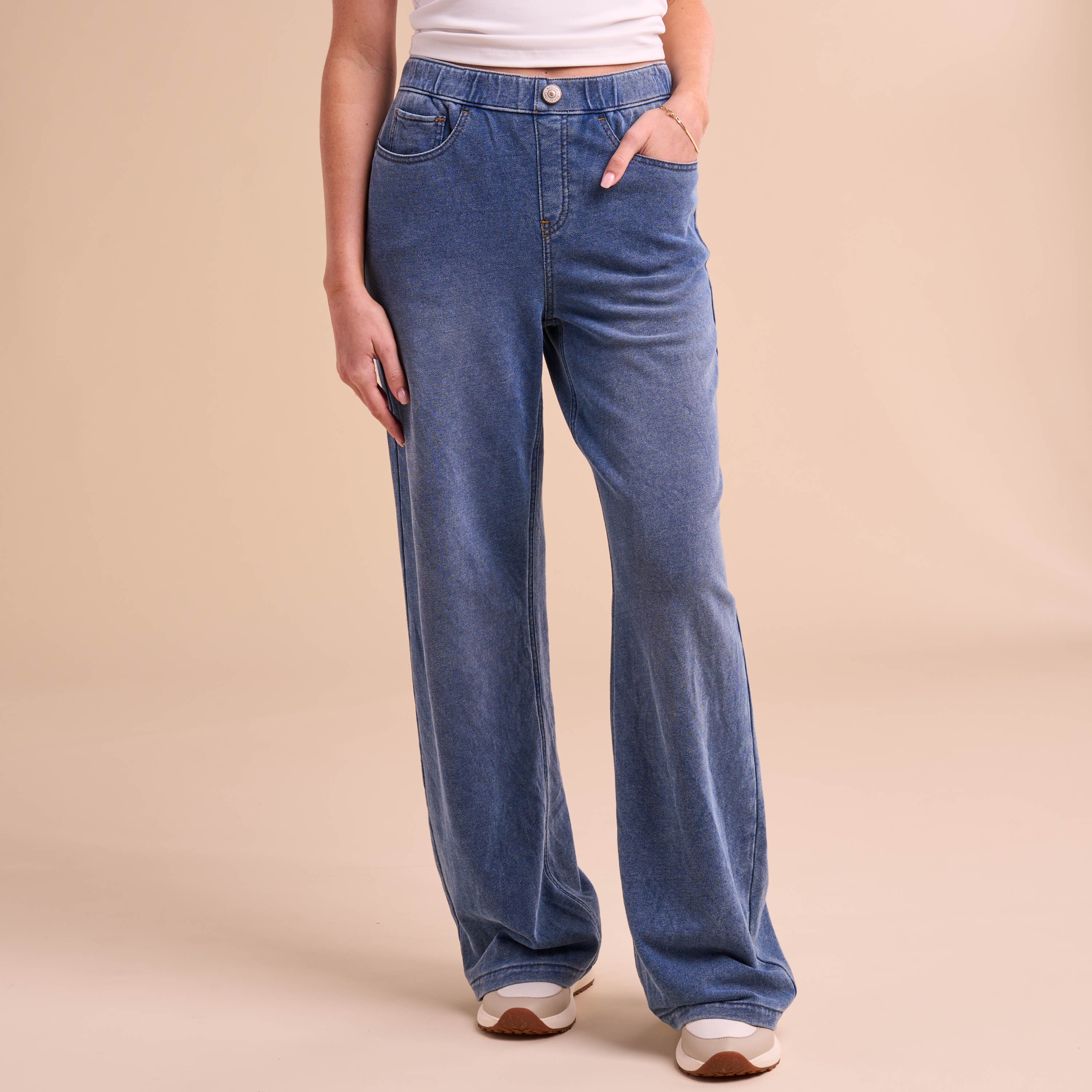 Image of Natural Reflections Knit Denim Mid-Rise Wide-Leg Pants