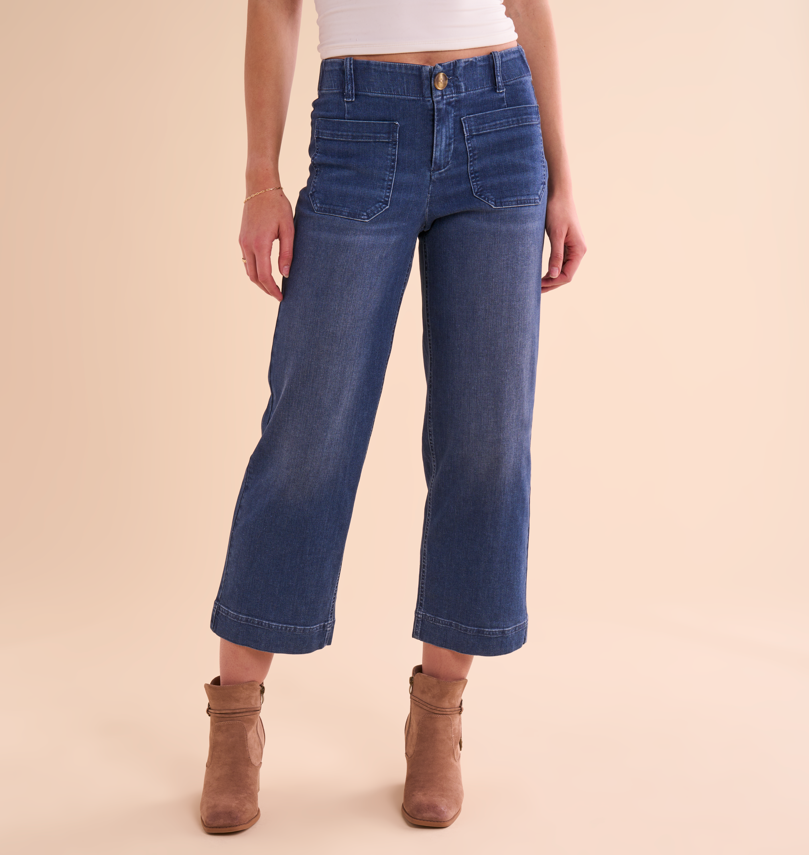 Image of Natural Reflections Driftwood Cropped Wide Leg Pants - Medium Wash Denim