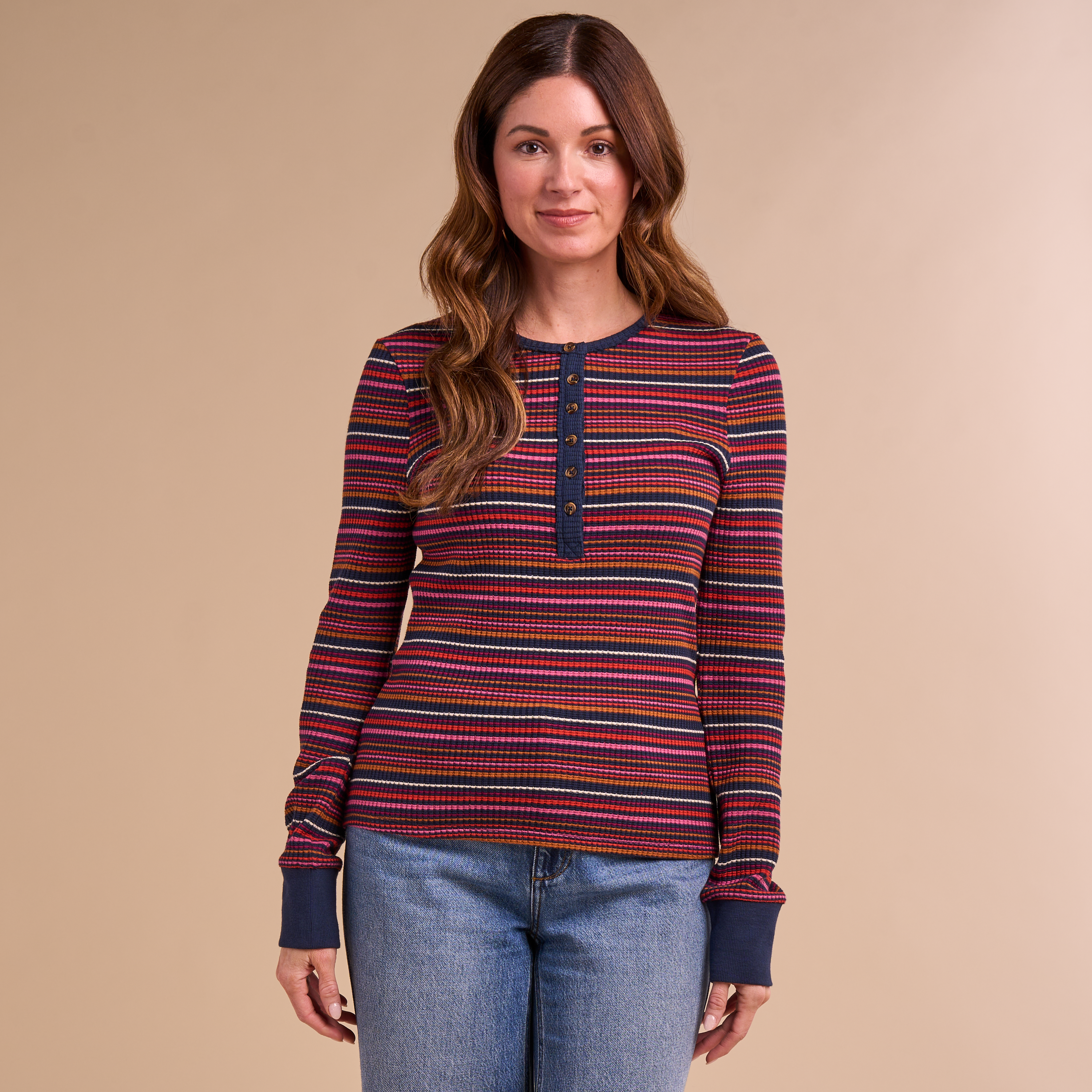 Image of Natural Reflections Ribbed Henley-Style Long-Sleeve Shirt - Navy Blazer