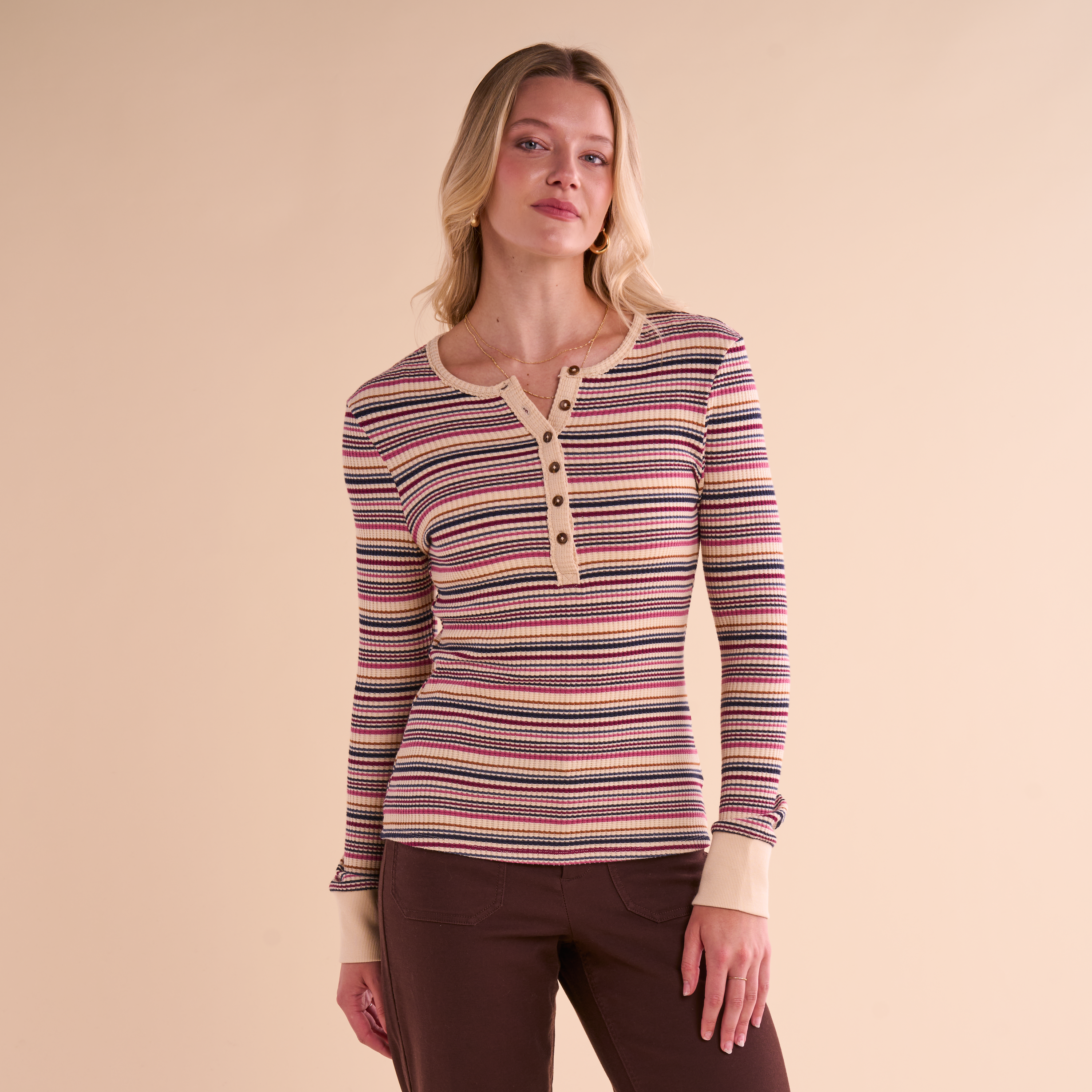 Image of Natural Reflections Ribbed Henley-Style Long-Sleeve Shirt - Macadamia