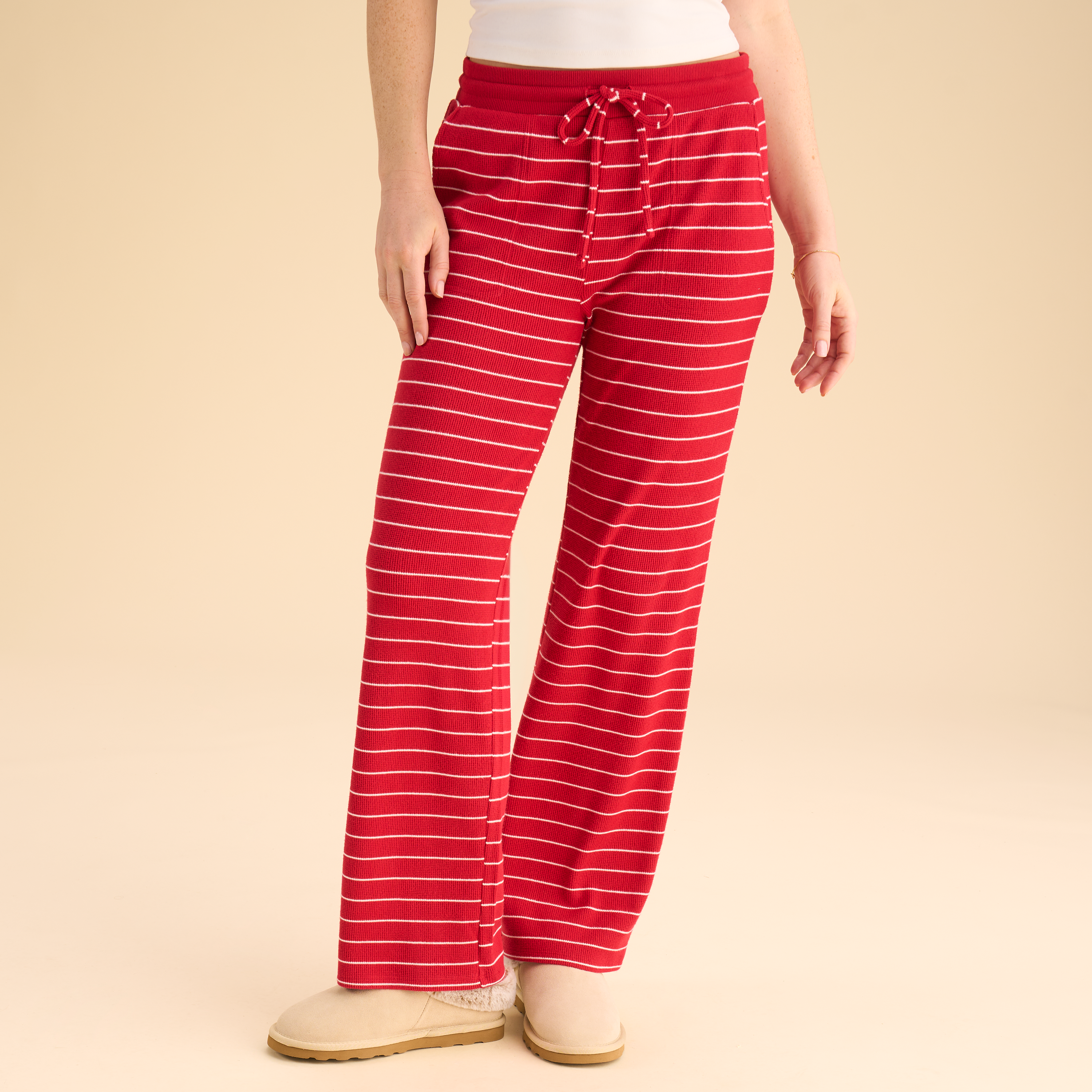 Natural Reflections Brushed Waffle Pajama Pants - Haute Red Strip