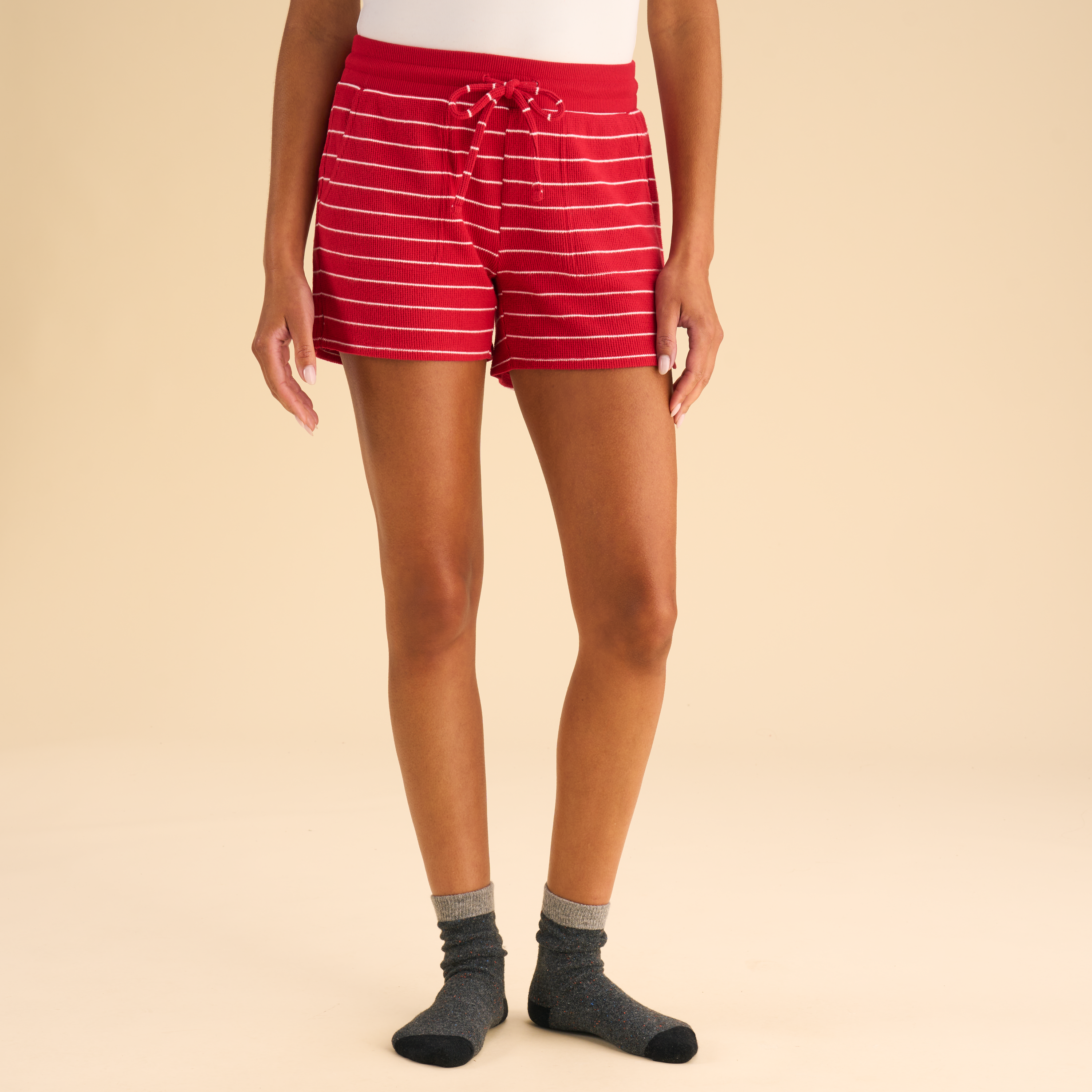 Natural Reflections Brushed Waffle Pajama Shorts - Haute Red Strip