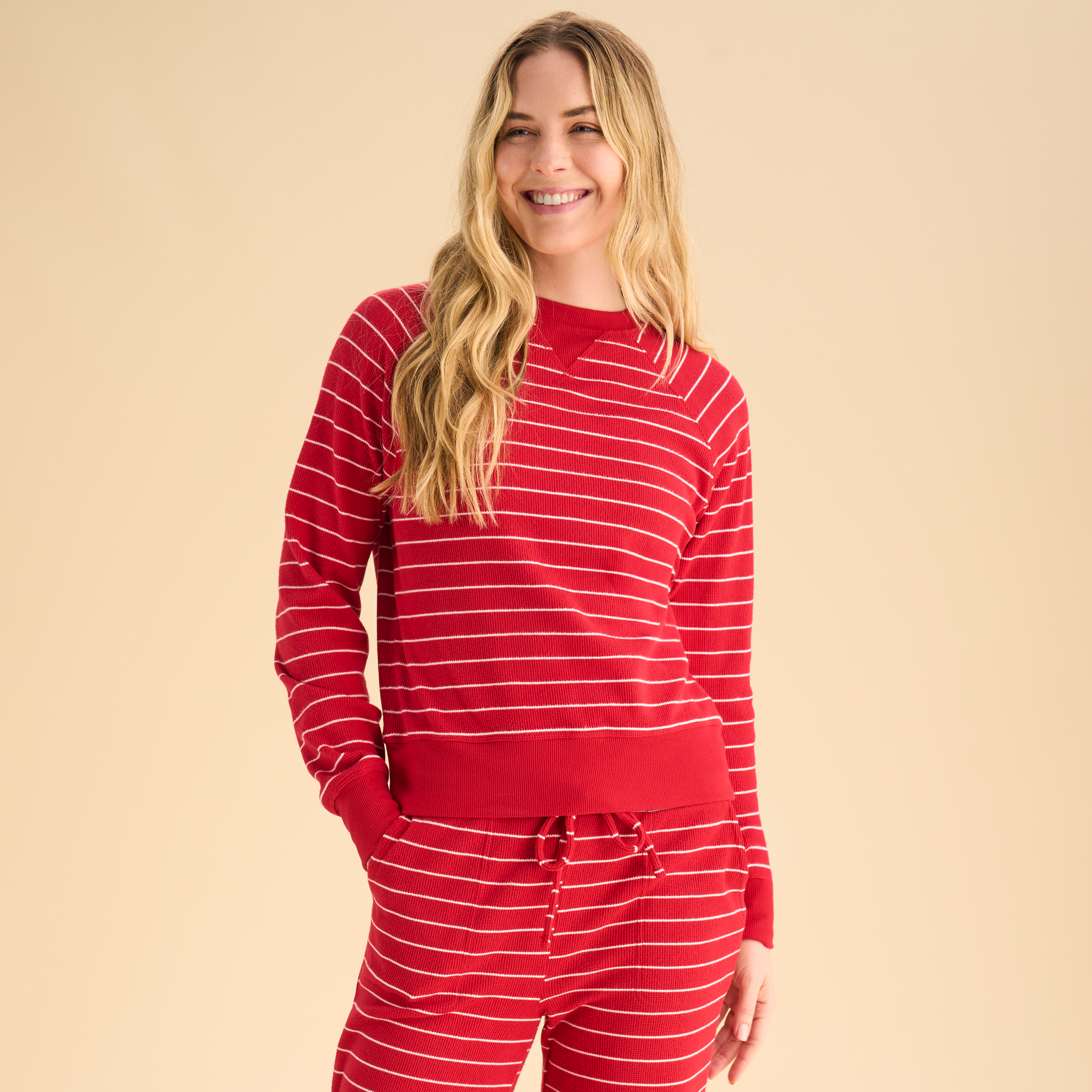 Image of Natural Reflections Brushed Waffle Long-Sleeve Crew Pajama Shirt - Haute Red Strip