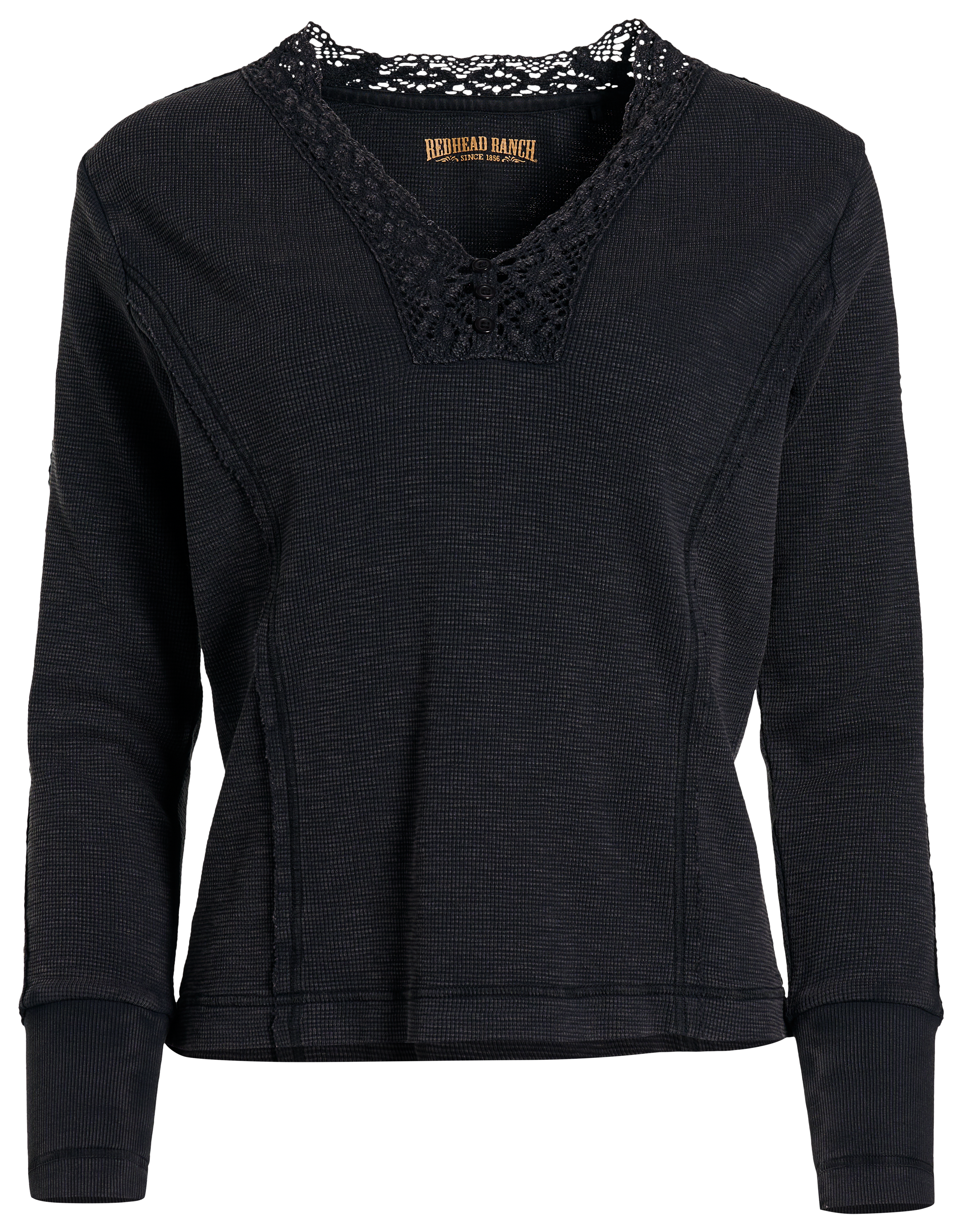 Image of RedHead Ranch Waffle-Knit Acid-Wash Henley Long-Sleeve Shirt - Black