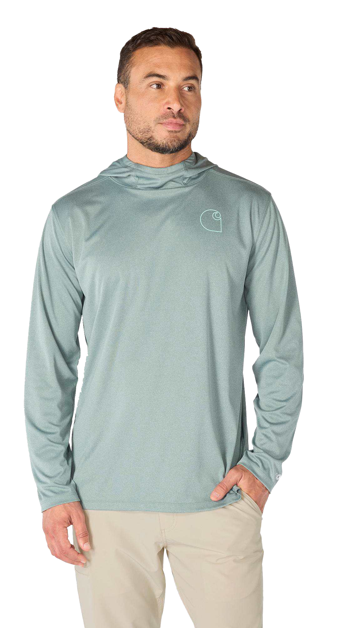 Image of Carhartt Force Sun Defender Logo Graphic Lightweight Hooded Long-Sleeve T-Shirt - Green Slate Heather