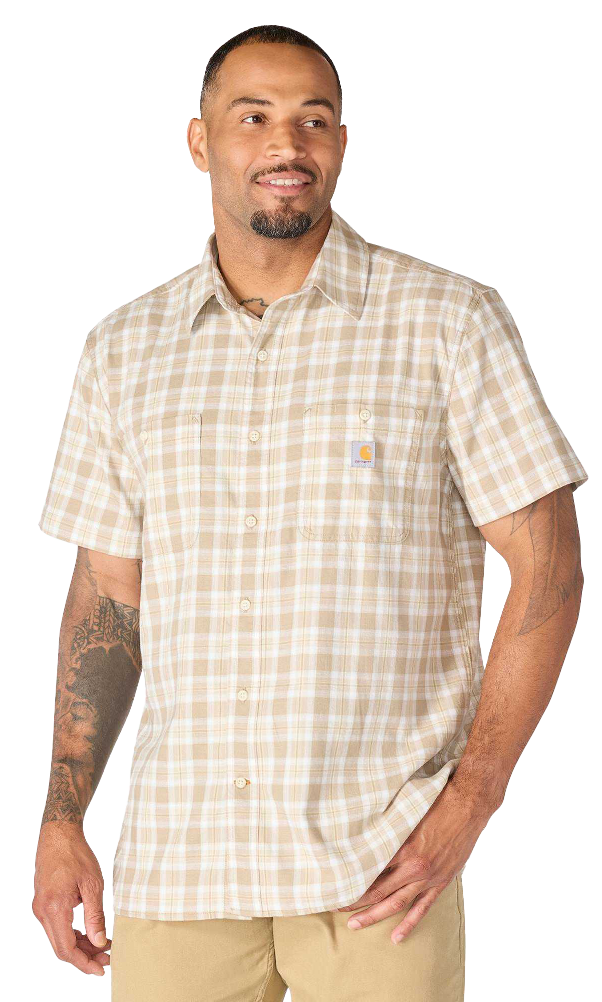 Image of Carhartt Bozeman Relaxed-Fit Plaid Short-Sleeve Button-Down Shirt - Cobblestone