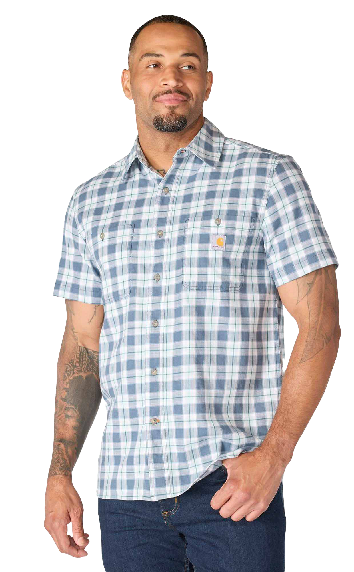 Image of Carhartt Bozeman Relaxed-Fit Plaid Short-Sleeve Button-Down Shirt - Iron Blue