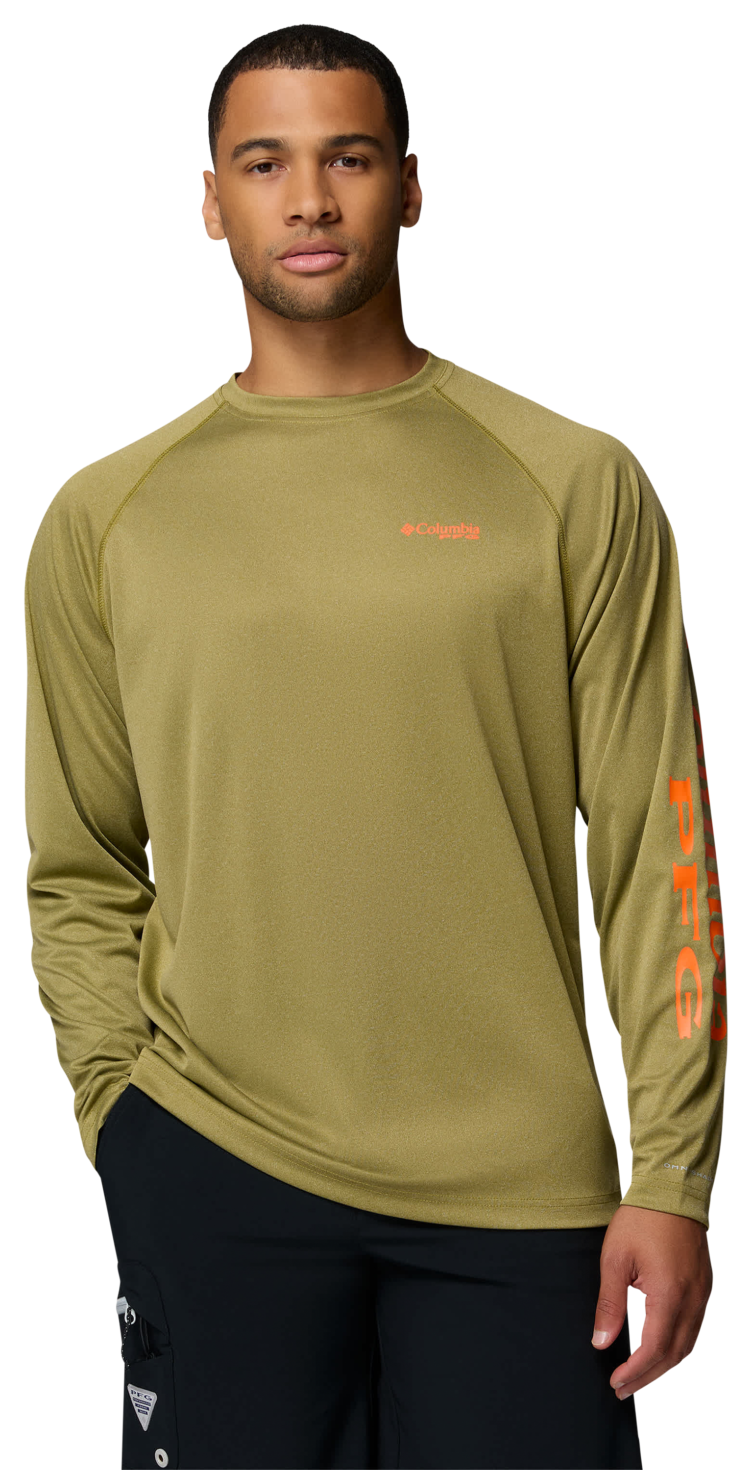 Image of Columbia PFG Terminal Tackle Long-Sleeve T-Shirt - Grove Green Heather/Spark Orange