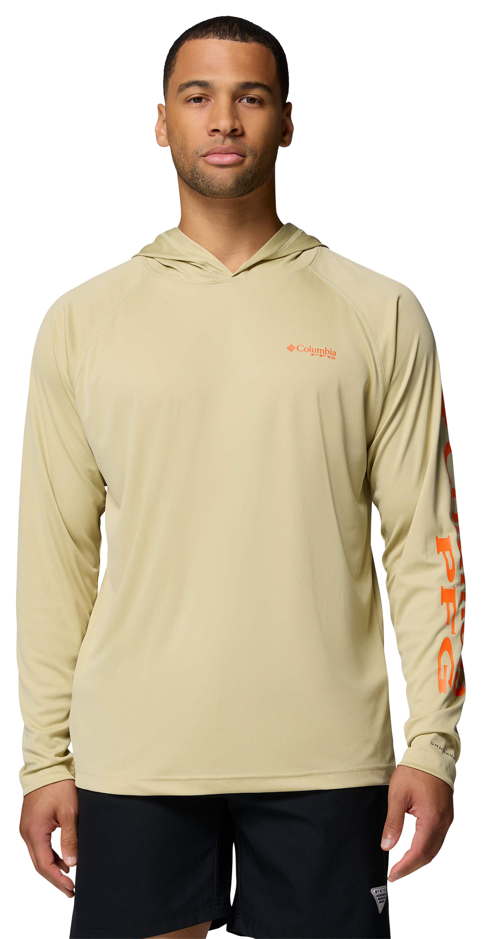Image of Columbia PFG Terminal Tackle Long-Sleeve Hoodie - Serpentine/Spark Orange Logo