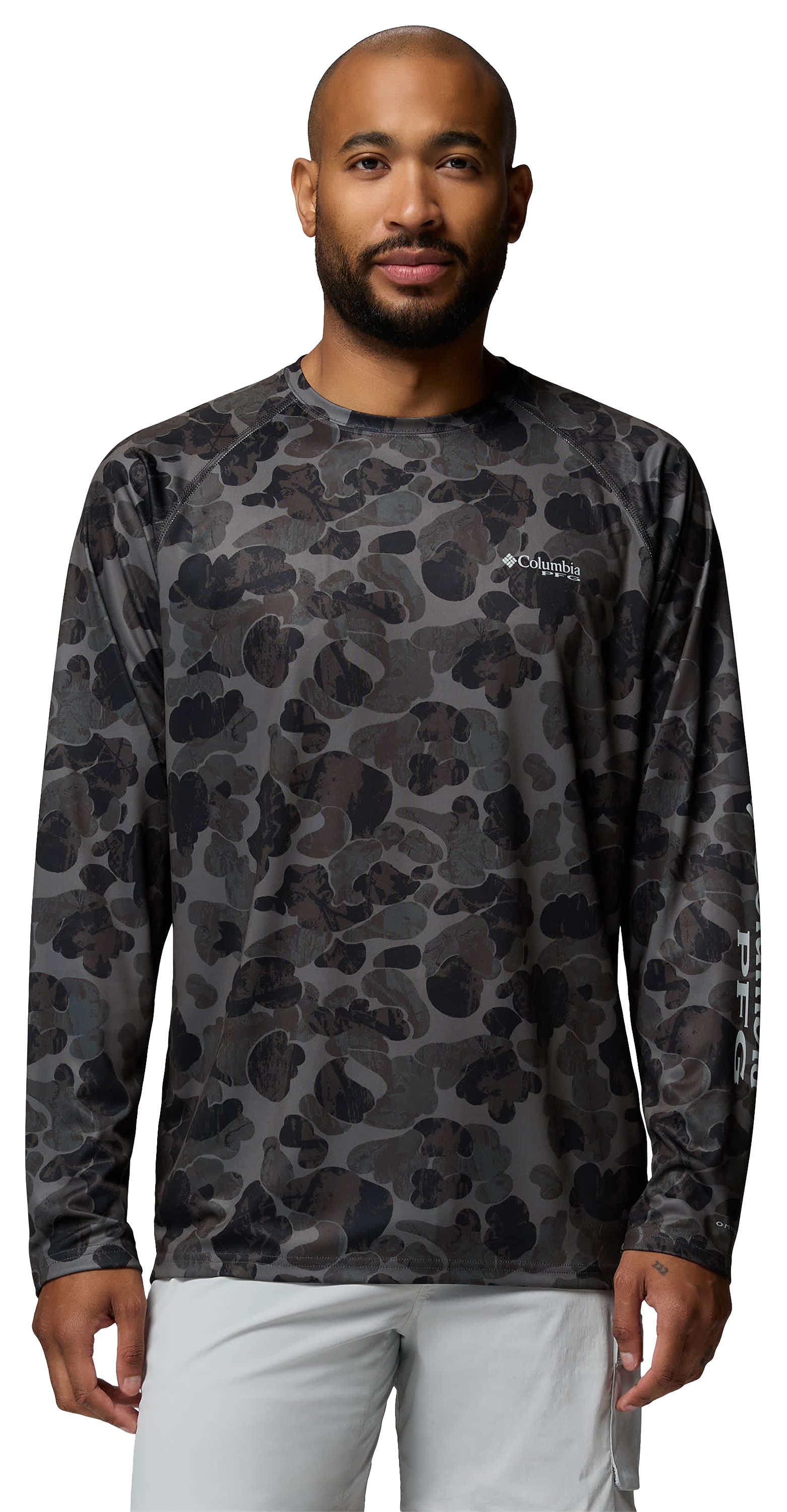 Image of Columbia Super Terminal Tackle PFG Frigate Frenz Camo Long-Sleeve Shirt - Black Deltawoods - M