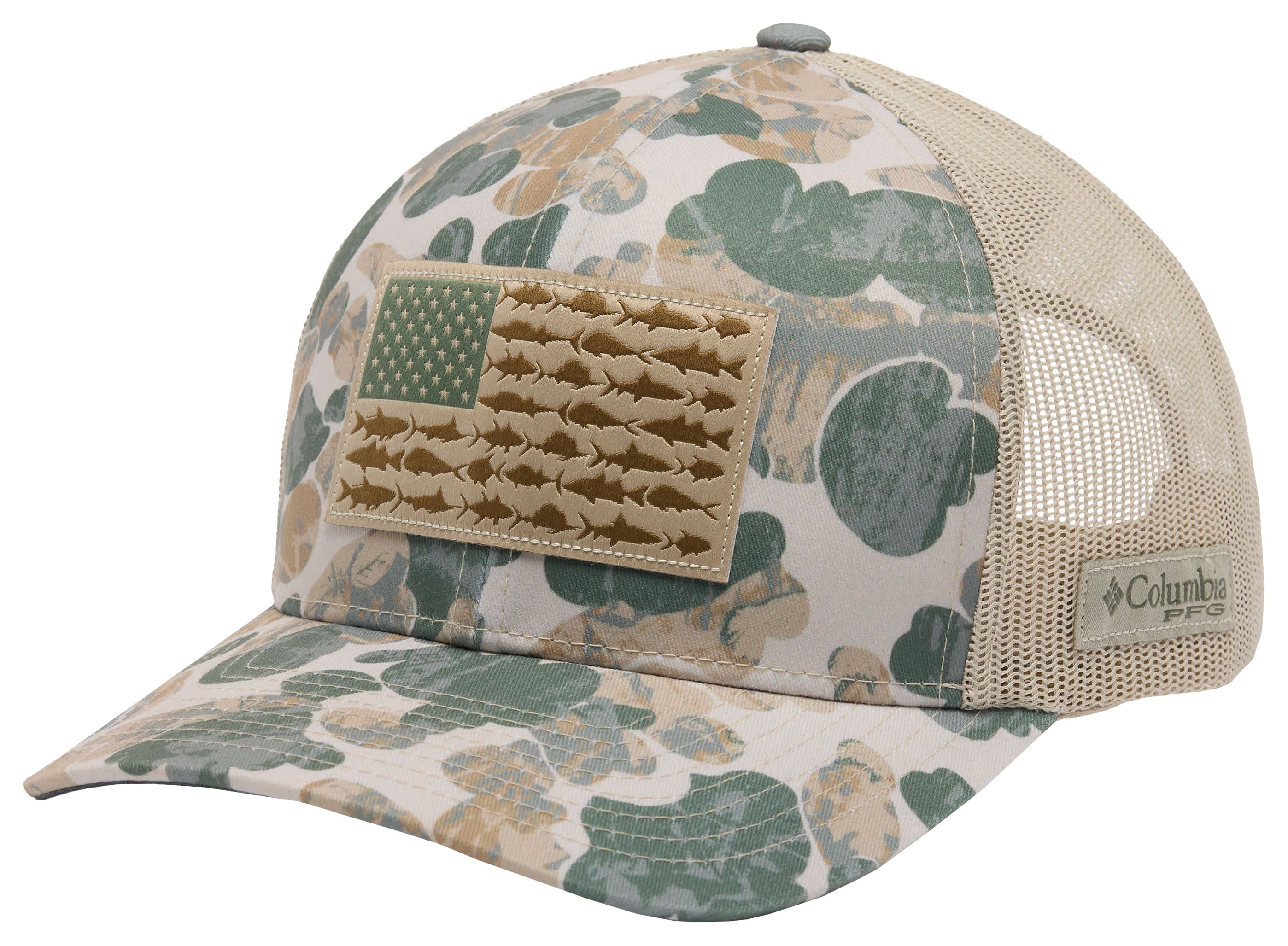 COLUMBIA PFG Camo Fish Flag Patch Snap-Back Ball Cap