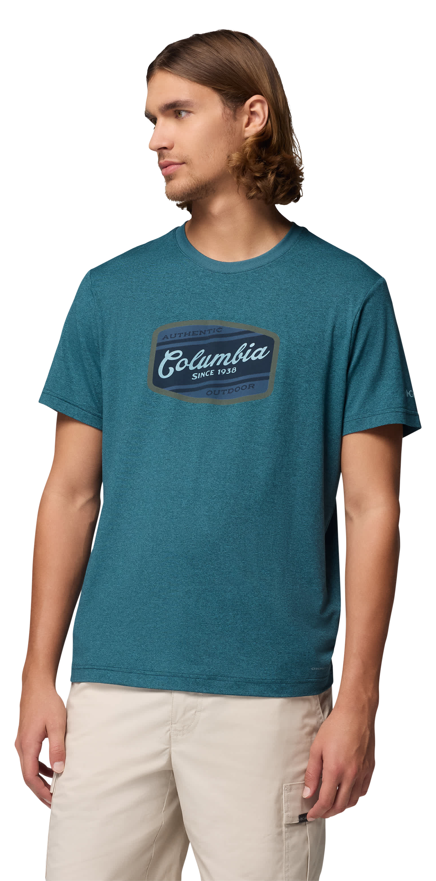 Image of Columbia Parsons Point Badge Label Graphic Short-Sleeve T-Shirt - Everblue Heather