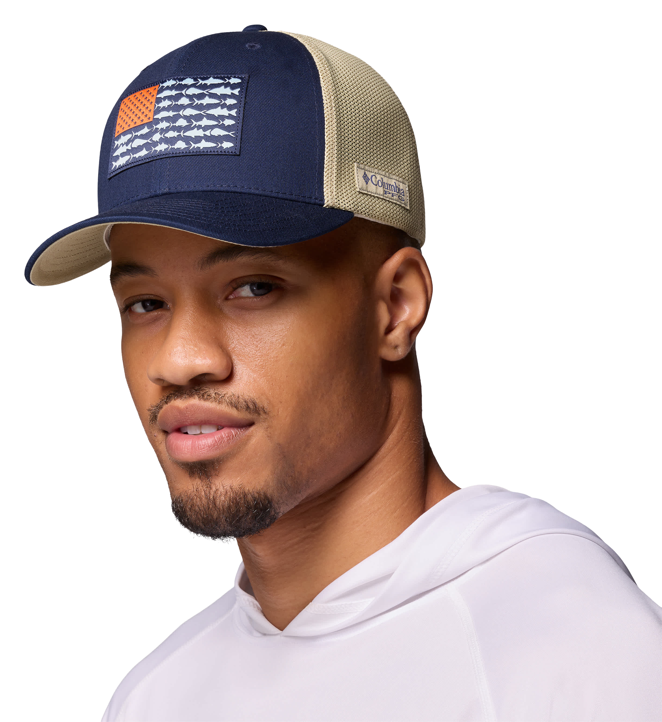 Image of Columbia PFG Mesh Fish Flag Ball Cap - Collegiate Navy/Fish Flag - L/XL