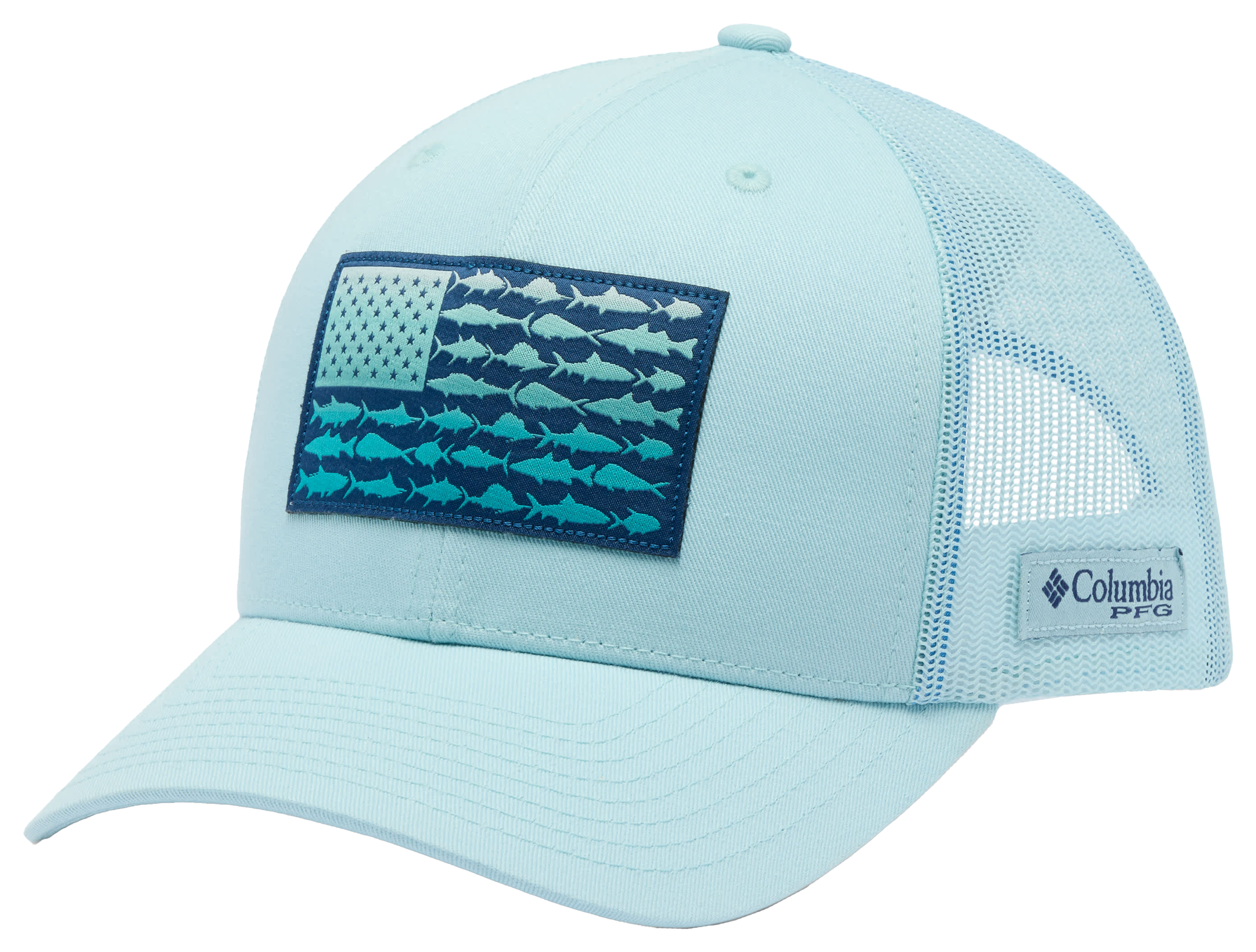 Image of Columbia PFG Mesh Snapback Fish Flag Ball Cap - Marine Light/Fish Flag