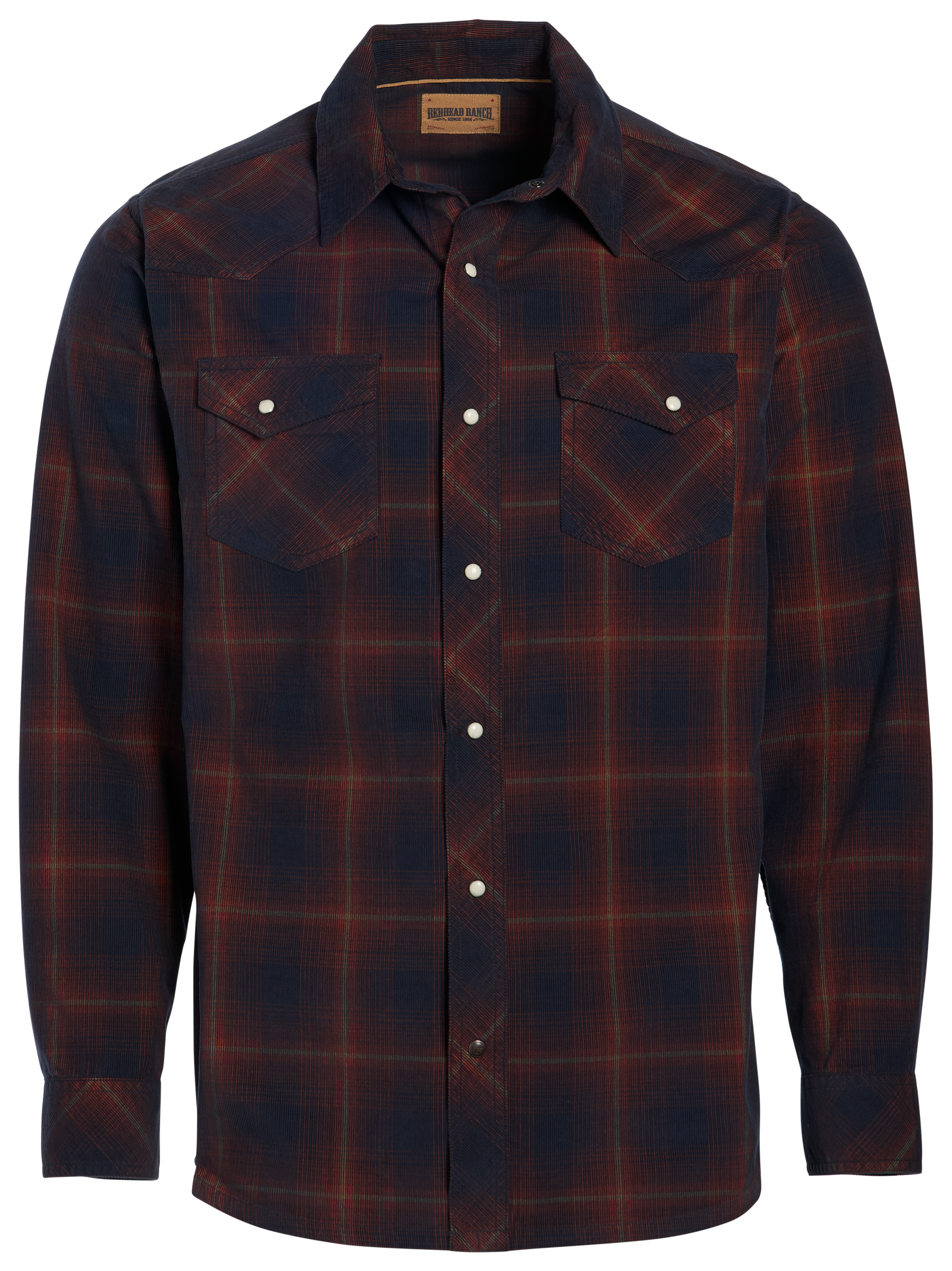 Image of RedHead Ranch Valley Brook Corduroy Long-Sleeve Snap-Down Shirt - Dark Navy Plaid