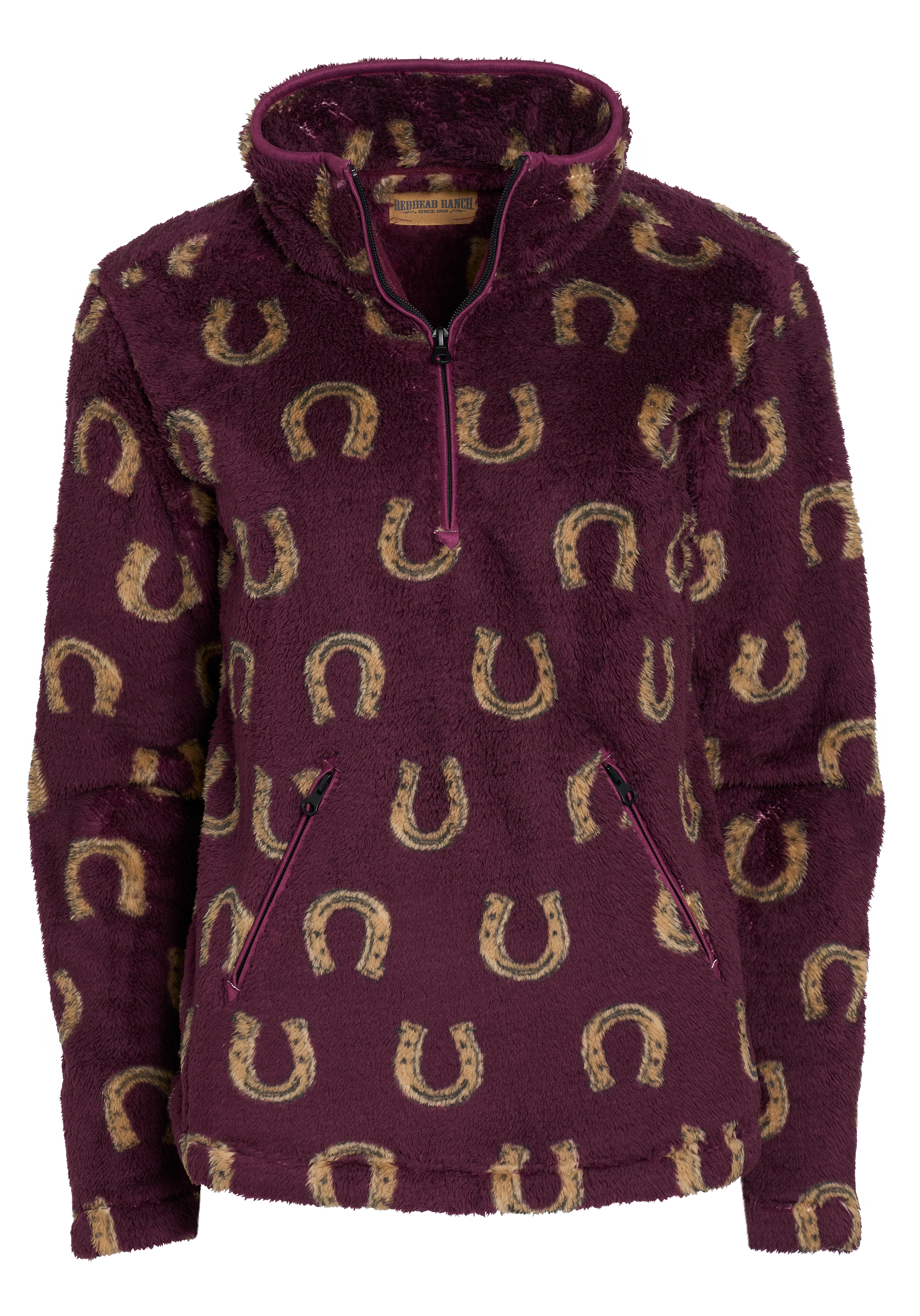 RedHead Ranch Quarter-Zip Sherpa Pullover - Fig Horseshoe Print