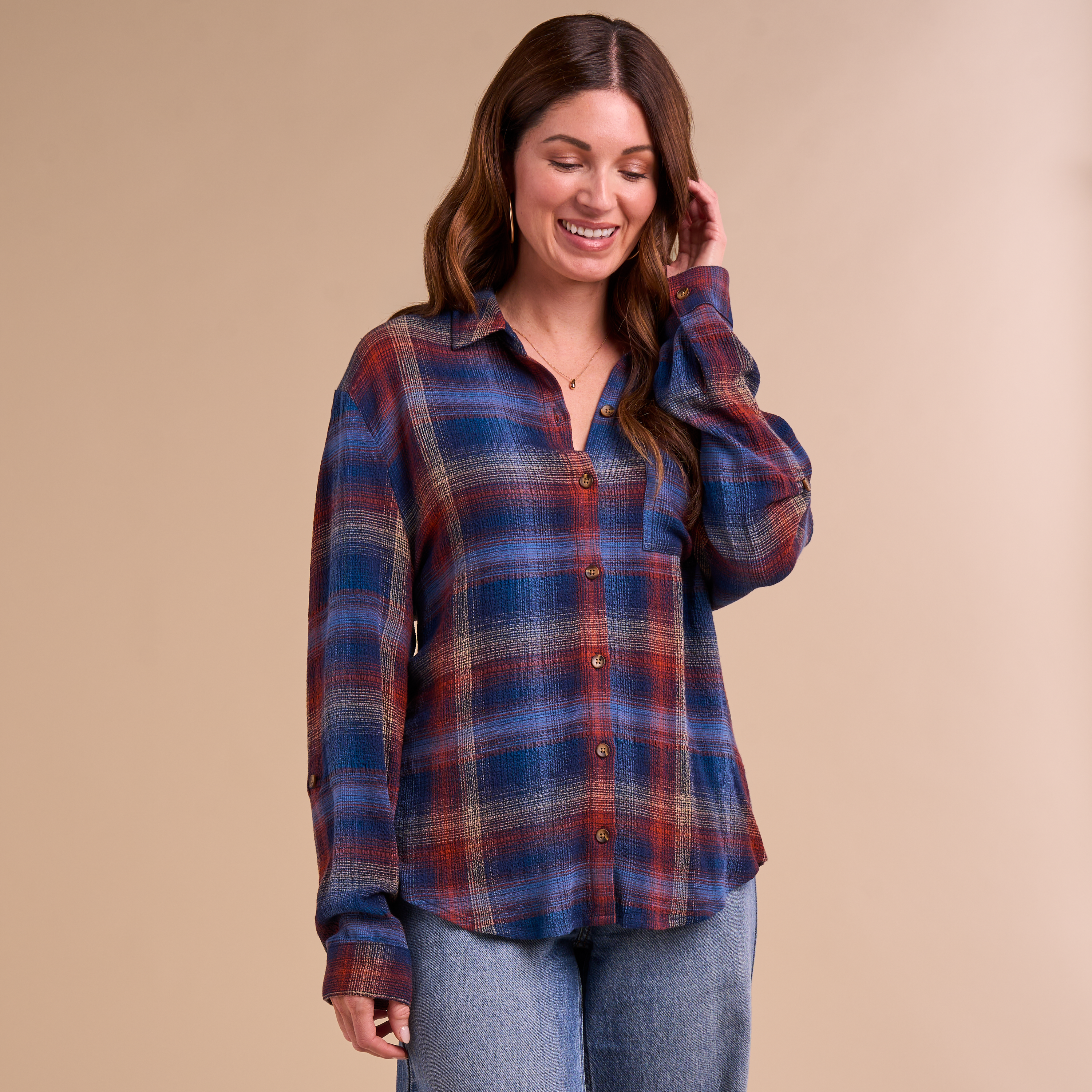Image of Natural Reflections Cascade Plaid Button-Down Long-Sleeve Shirt - Navy Plaid