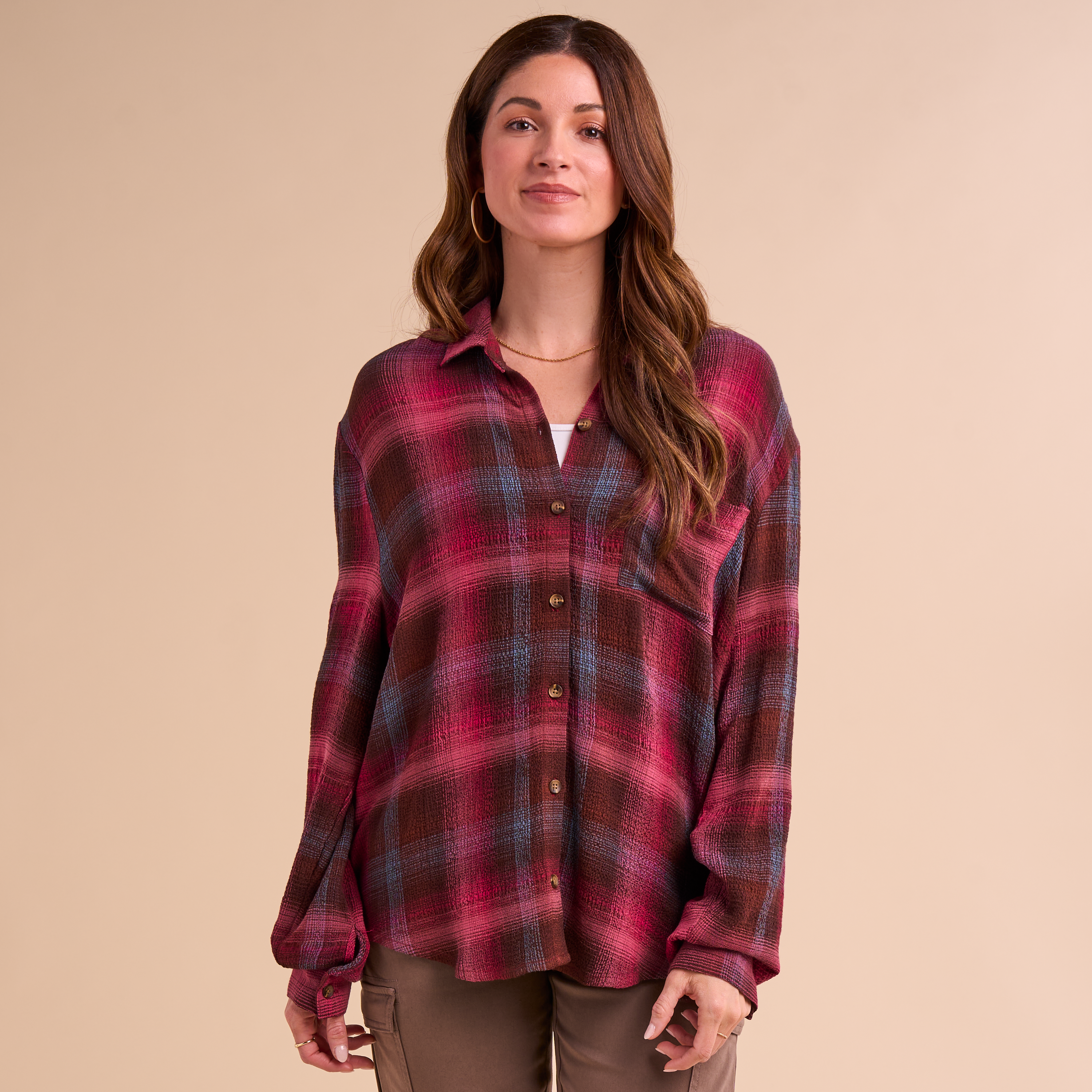 Image of Natural Reflections Cascade Plaid Button-Down Long-Sleeve Shirt - Berry Plaid