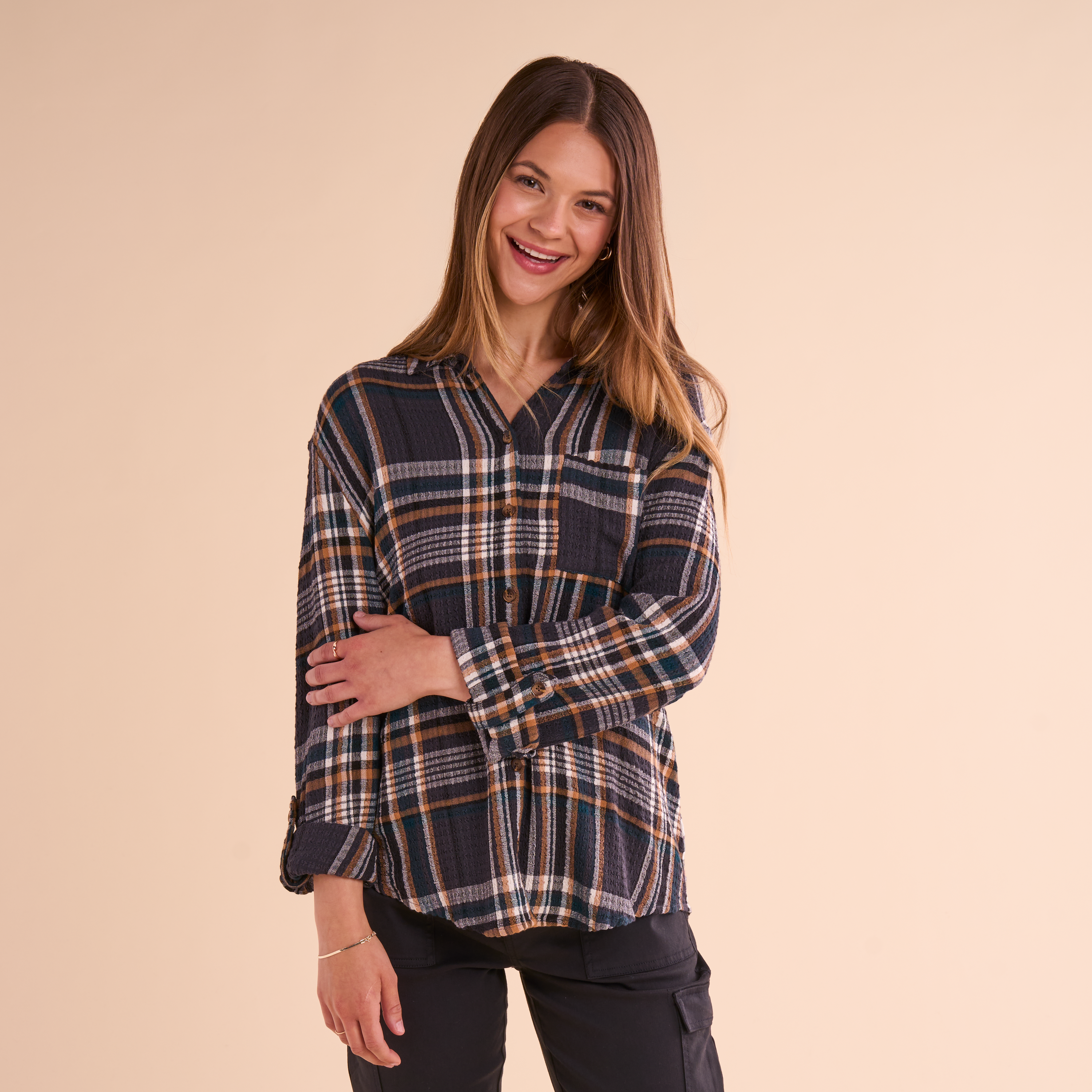 Image of Natural Reflections Cascade Plaid Button-Down Long-Sleeve Shirt - Gray Plaid