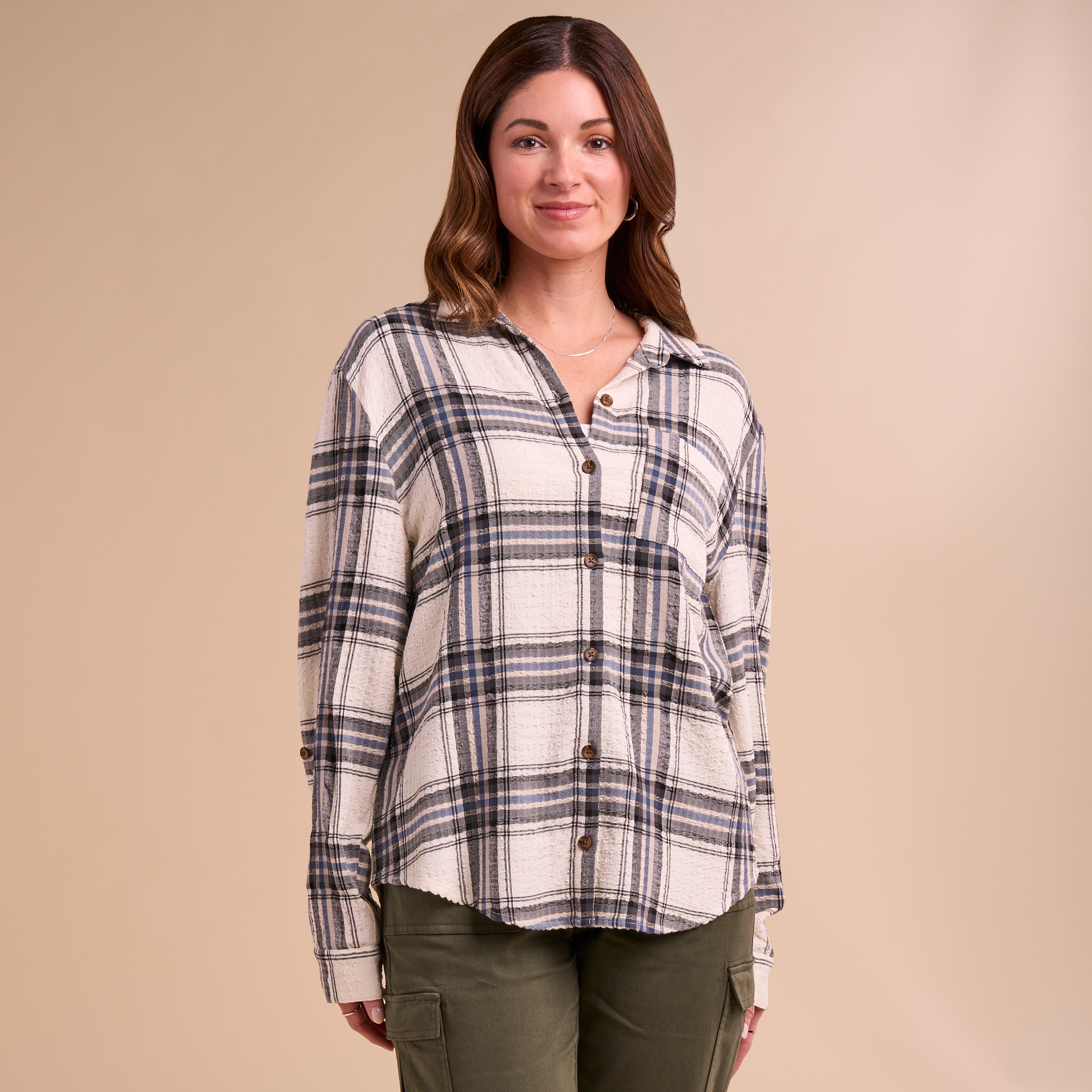 Image of Natural Reflections Cascade Plaid Button-Down Long-Sleeve Shirt - Cream Plaid