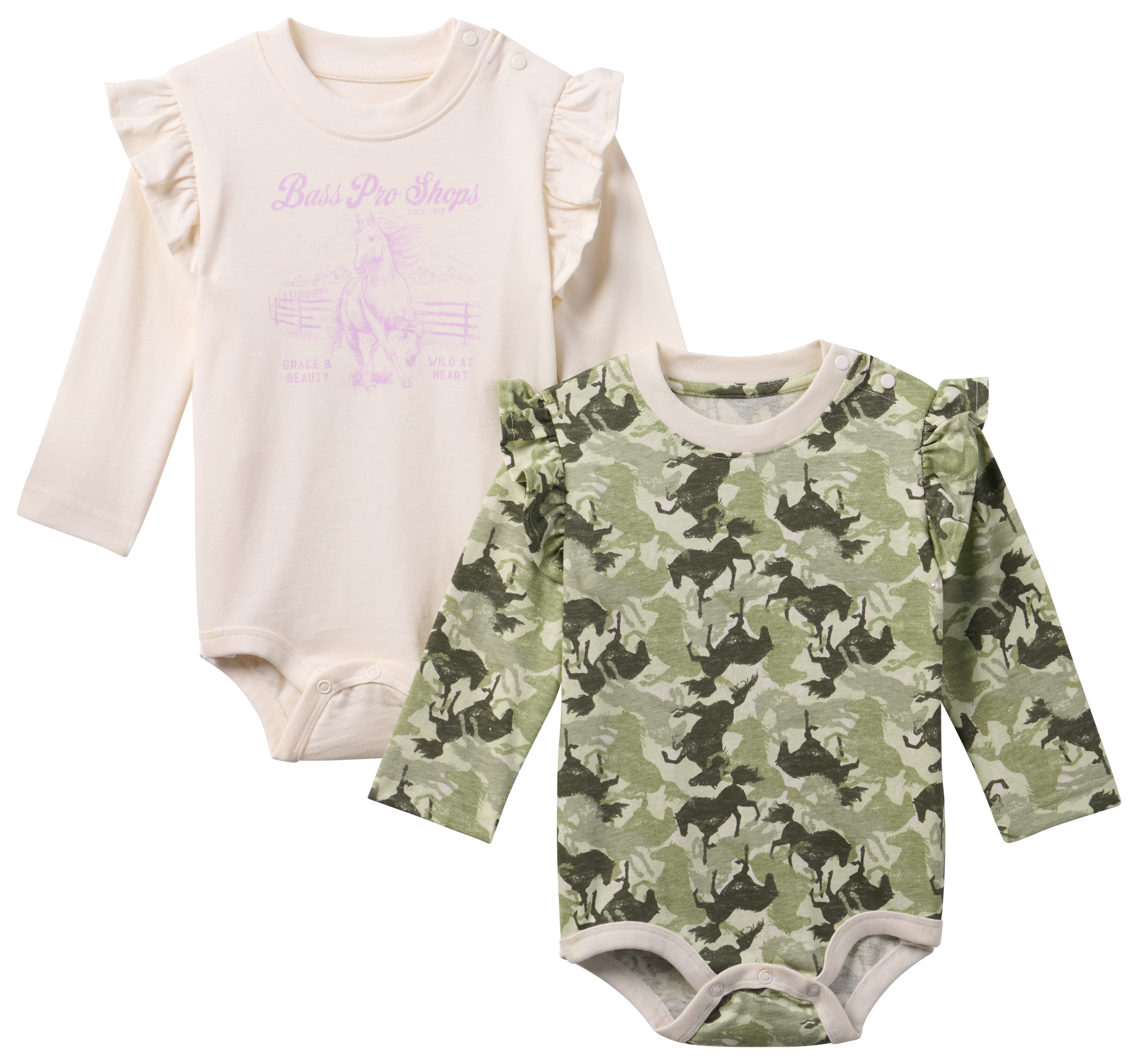 Image of Bass Pro Shops Western Ruffle Long-Sleeve Bodysuit for Babies 2-Piece Set - Gardenia/Horse Camo