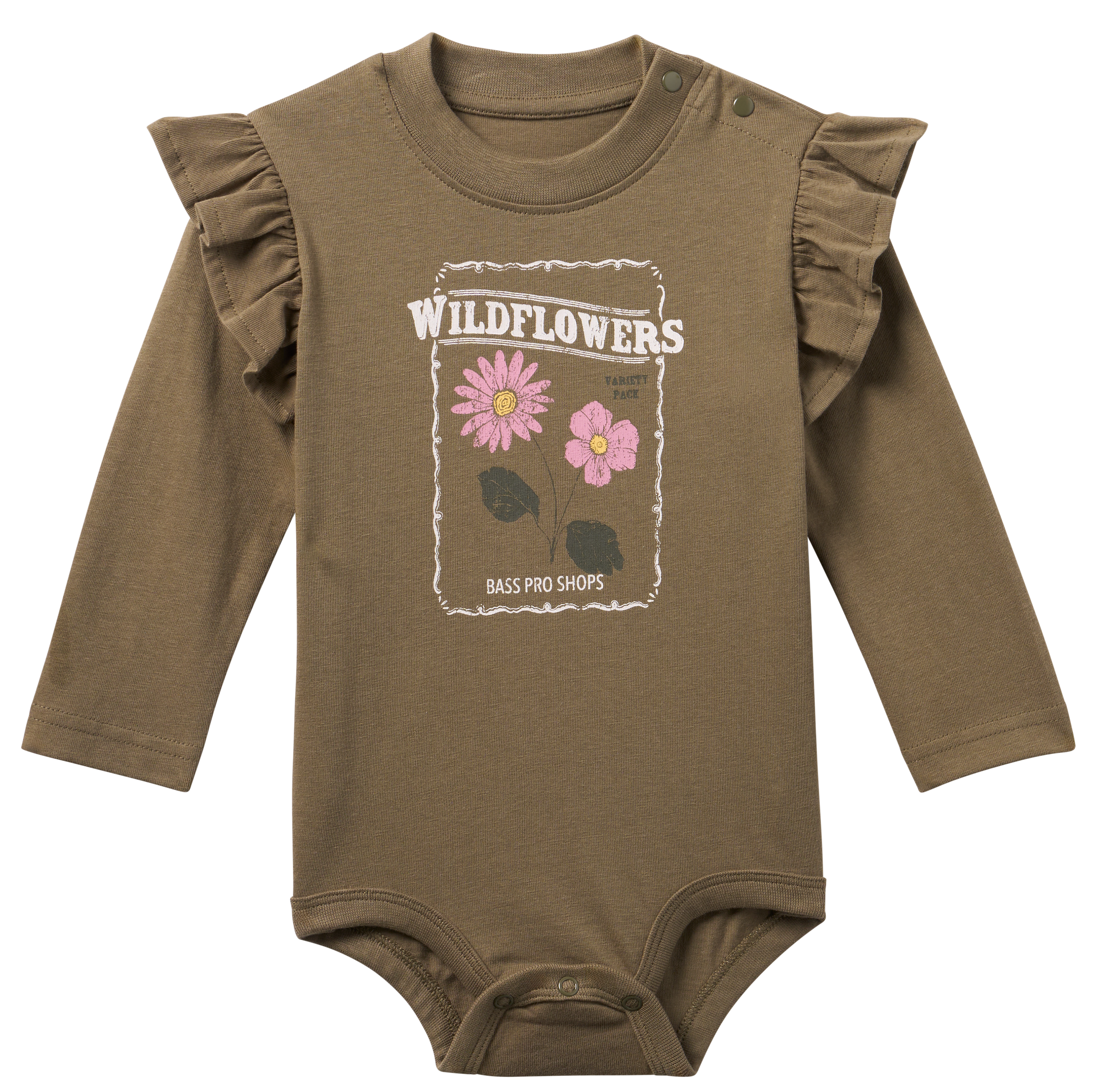 Image of Bass Pro Shops Graphic Ruffle Long-Sleeve Bodysuit for Babies - Olivine