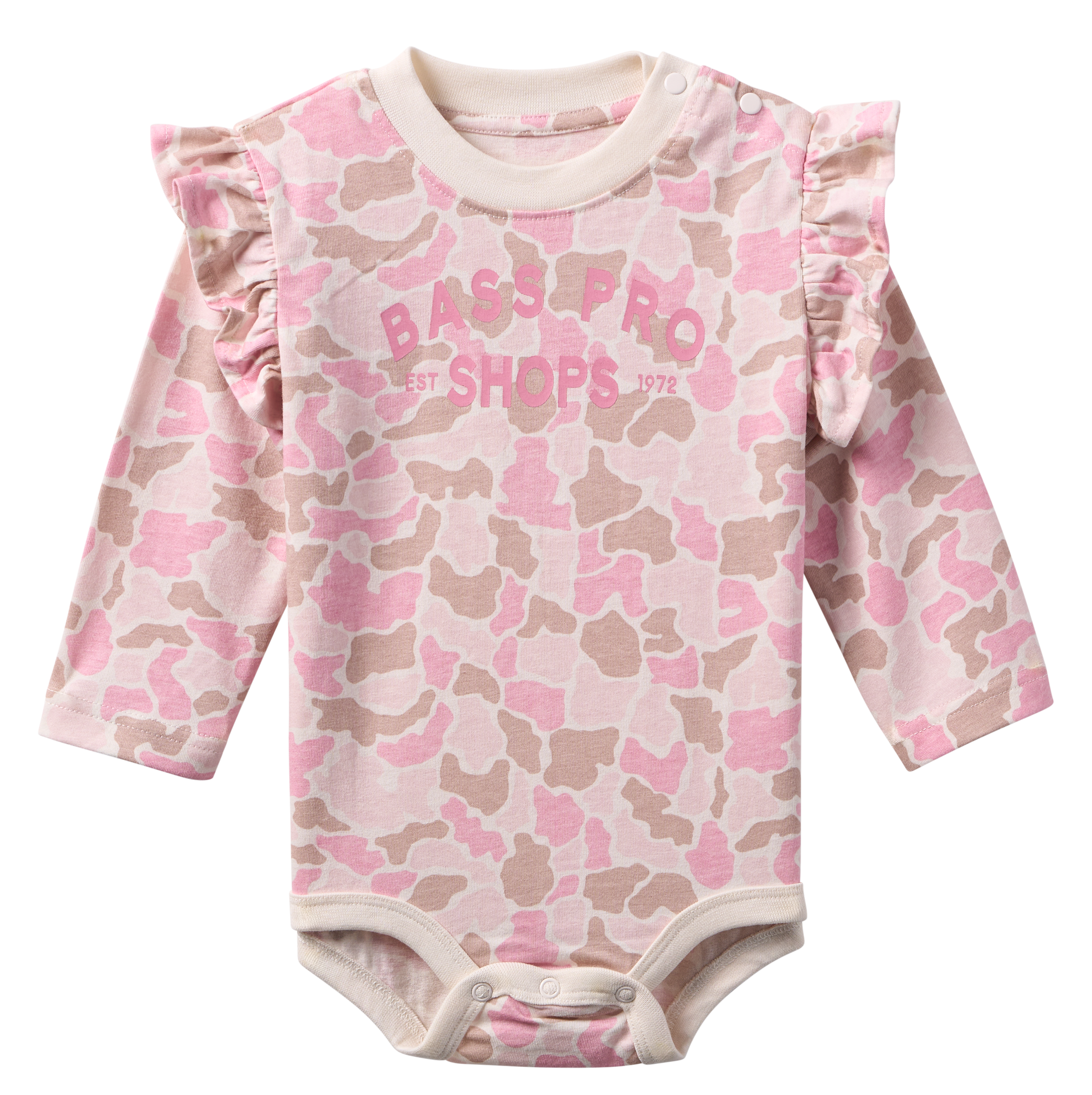 Image of Bass Pro Shops Graphic Ruffle Long-Sleeve Bodysuit for Babies - Pink Camo