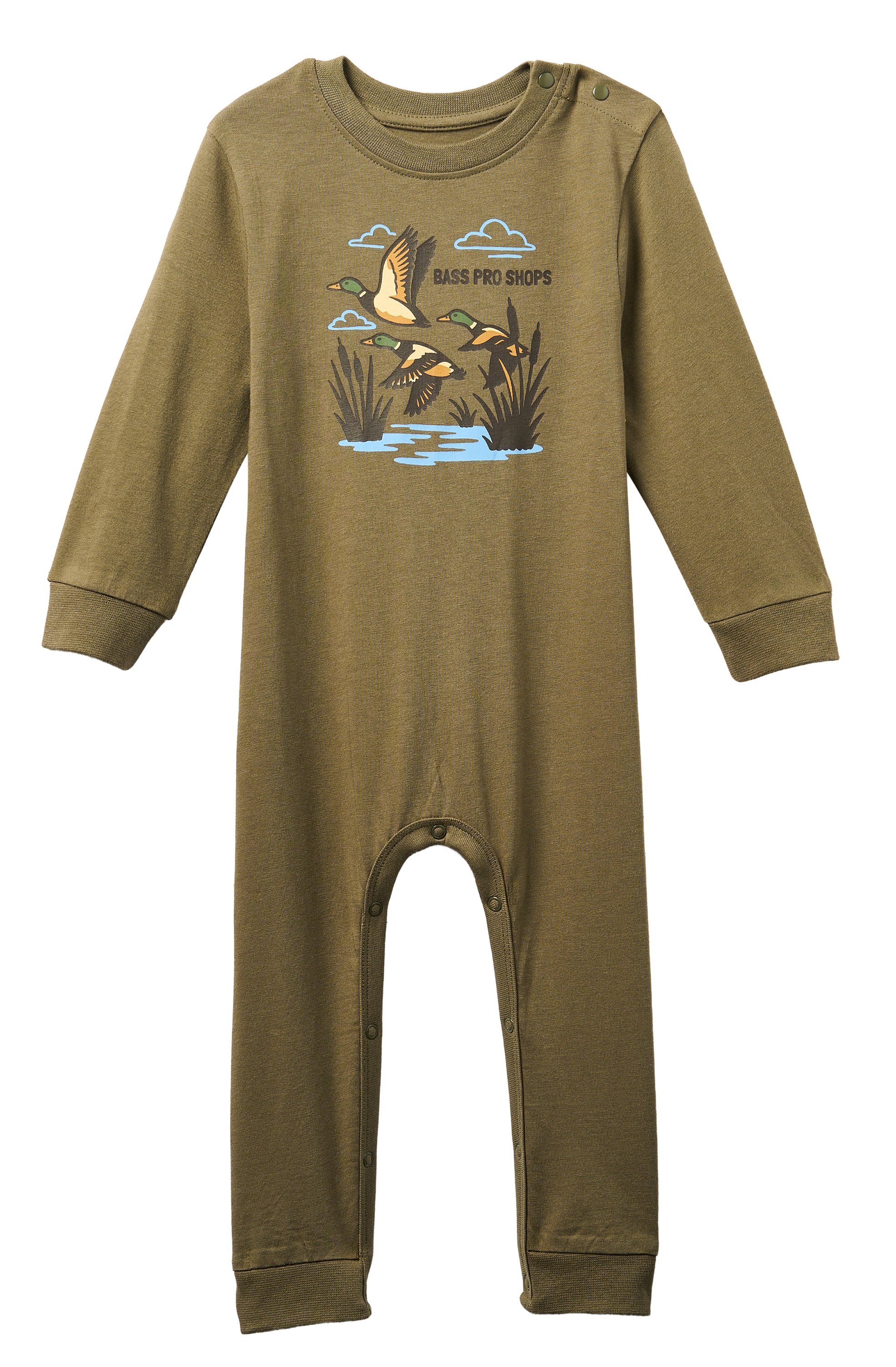 Image of Bass Pro Shops Flying Ducks Print Long-Sleeve Bodysuit for Babies - Olive Duck
