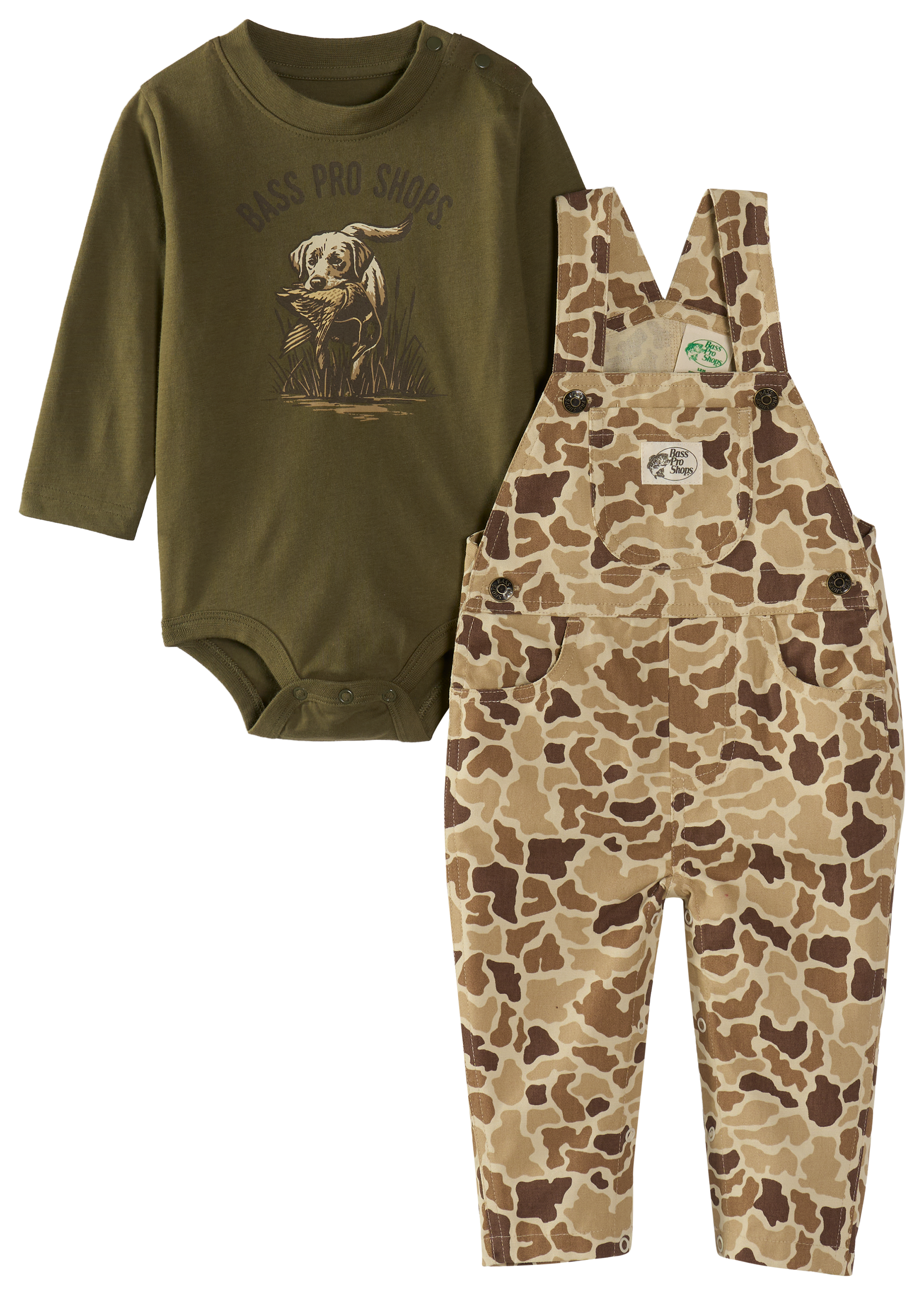 Image of Bass Pro Shops Overalls and Long-Sleeve Bodysuit Set for Babies - Olive Camo