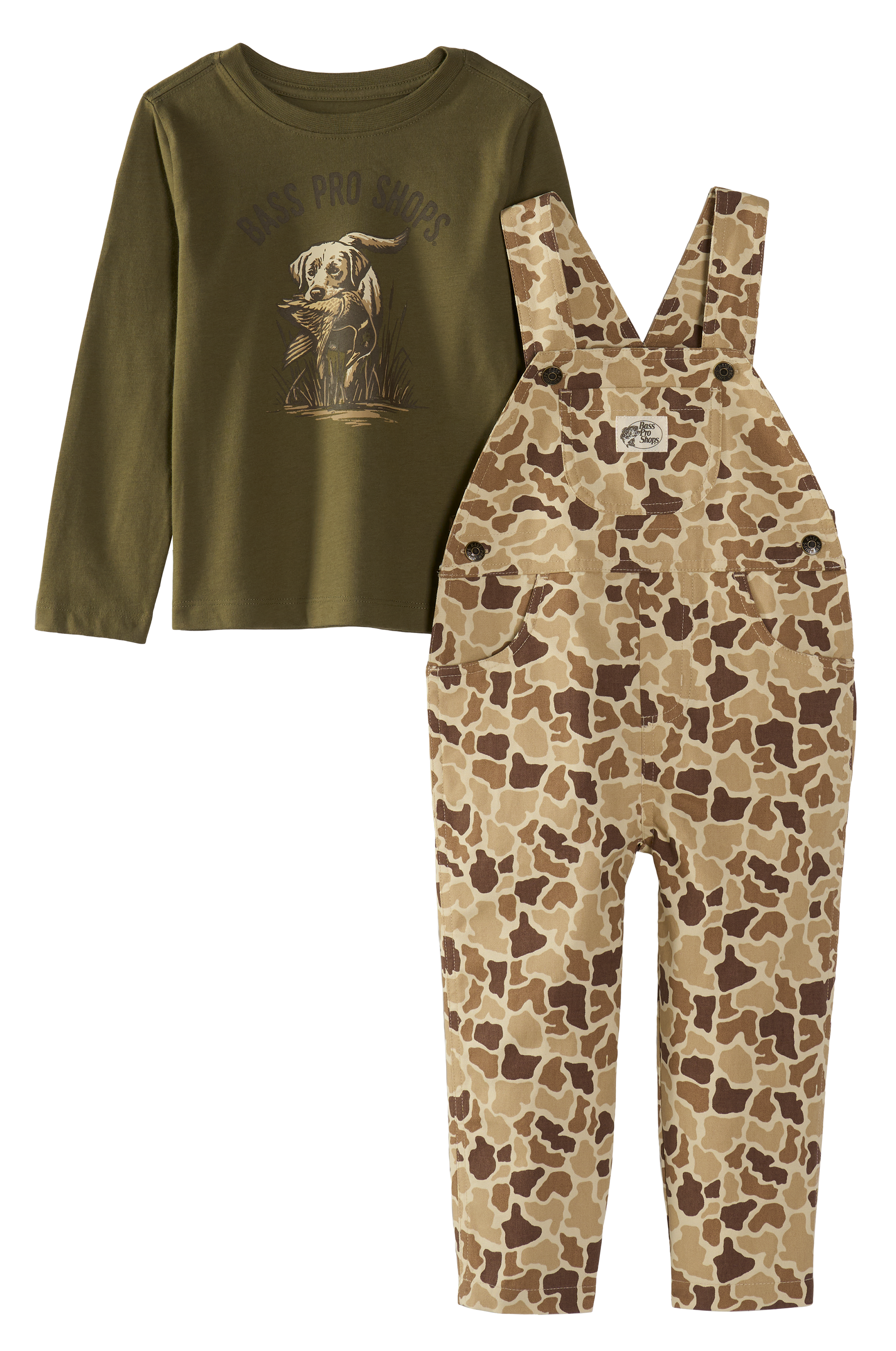 Image of Bass Pro Shops Long-Sleeve T-Shirt and Overalls Set for Toddlers - Olive Camo