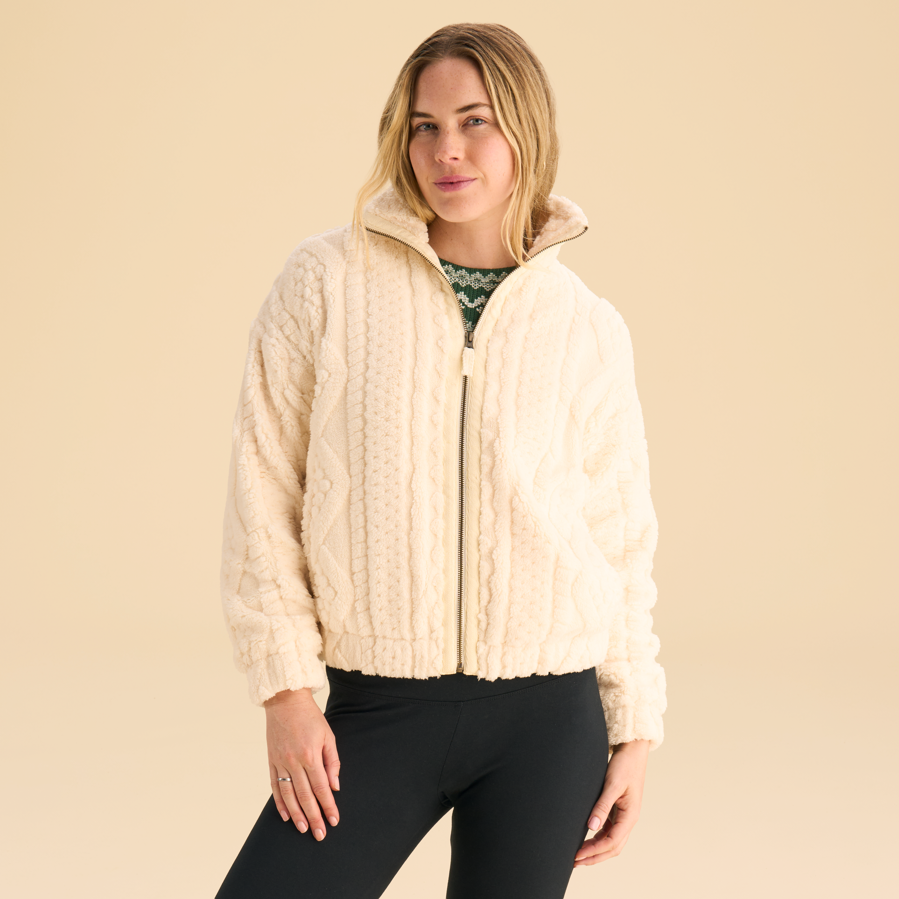 Natural Reflections Cable Fleece Jacket - Antique White