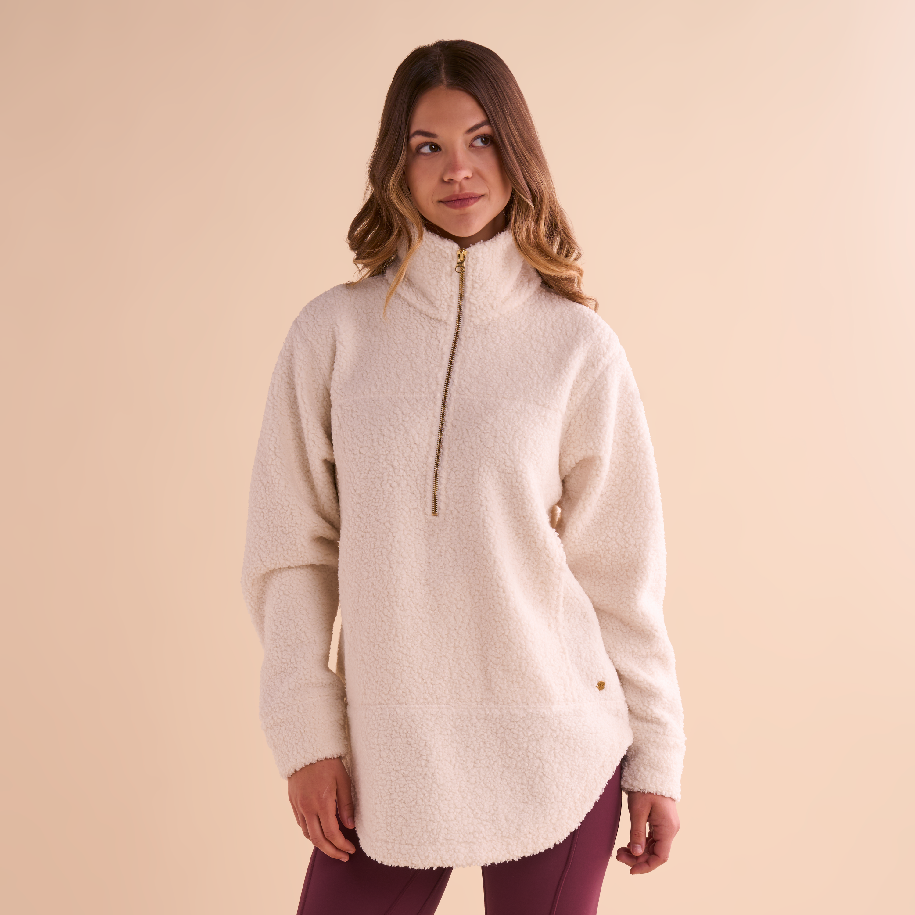 Natural Reflections Sherpa Half-Zip Drop Hem Pullover - Egret