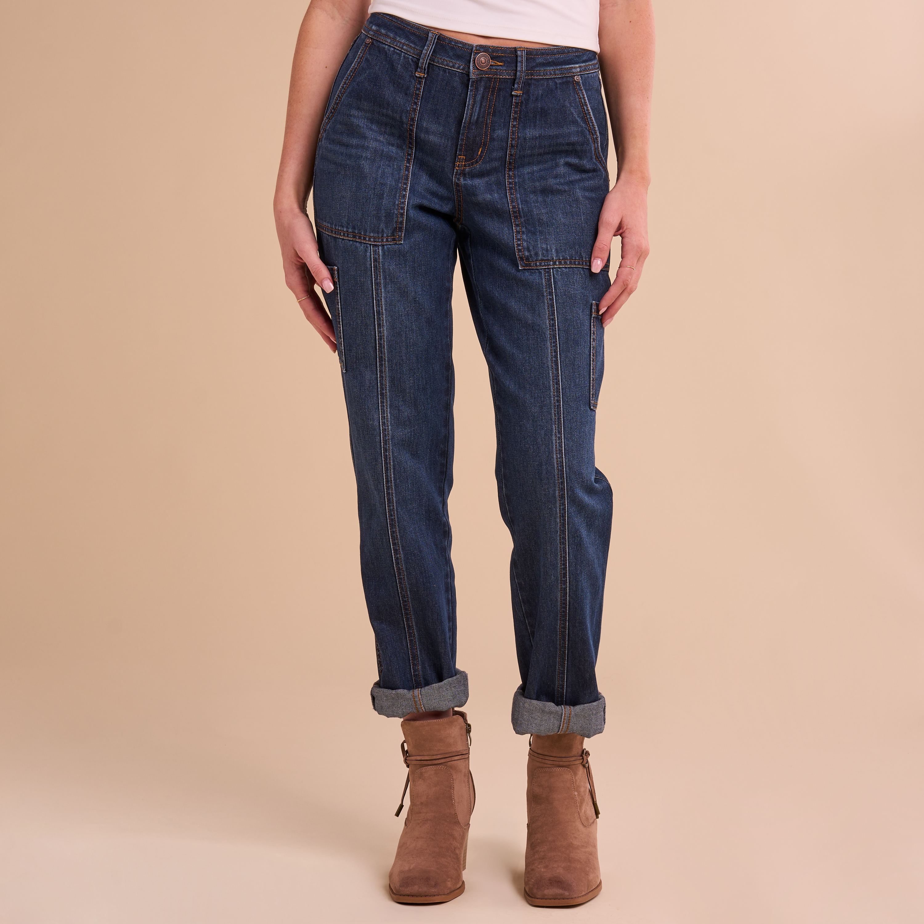 Image of Natural Reflections Mid-Rise Utility Cargo Jeans - Dark Wash
