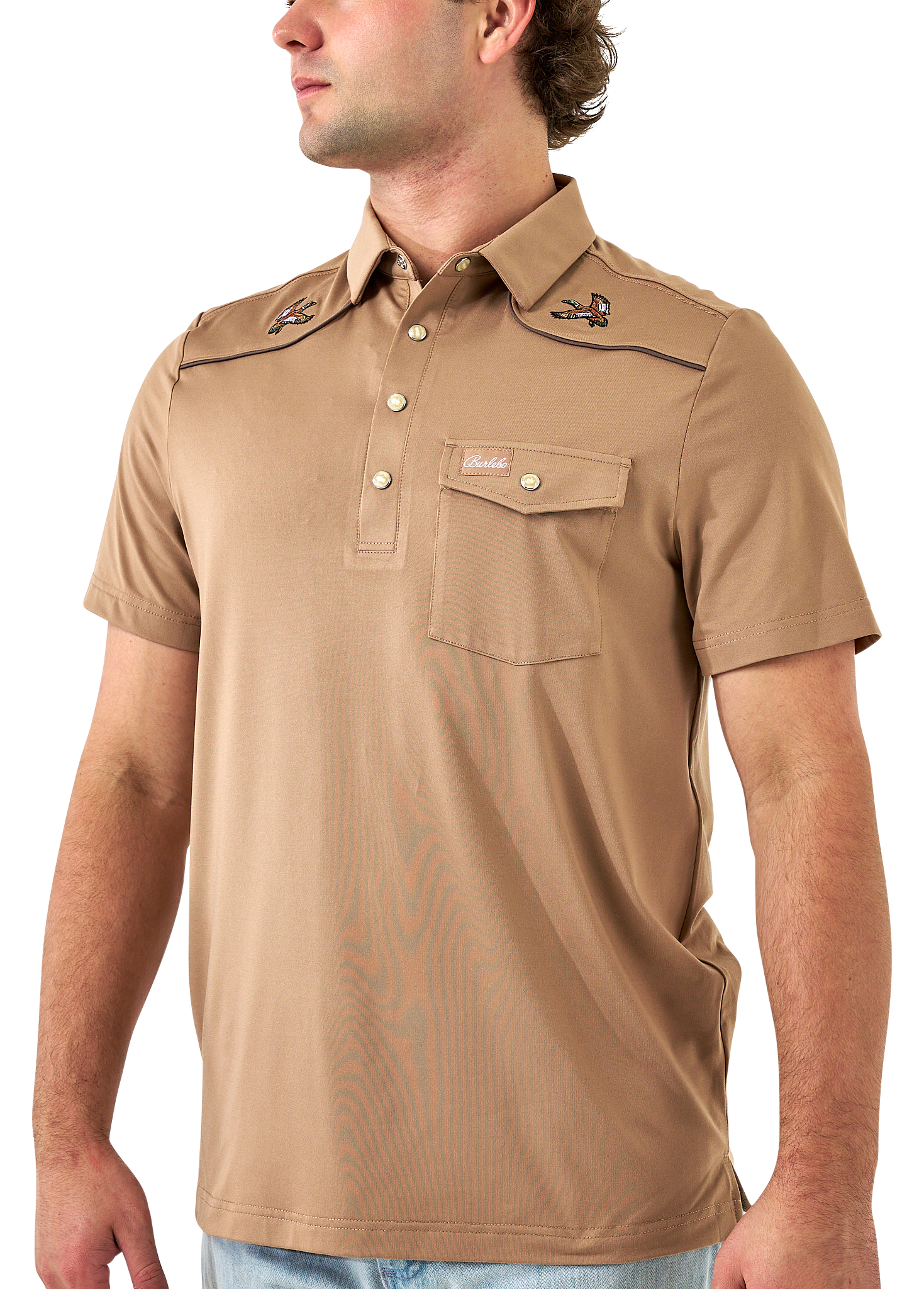 Image of BURLEBO Pearl Snap Performance Mallards Polo - Khaki