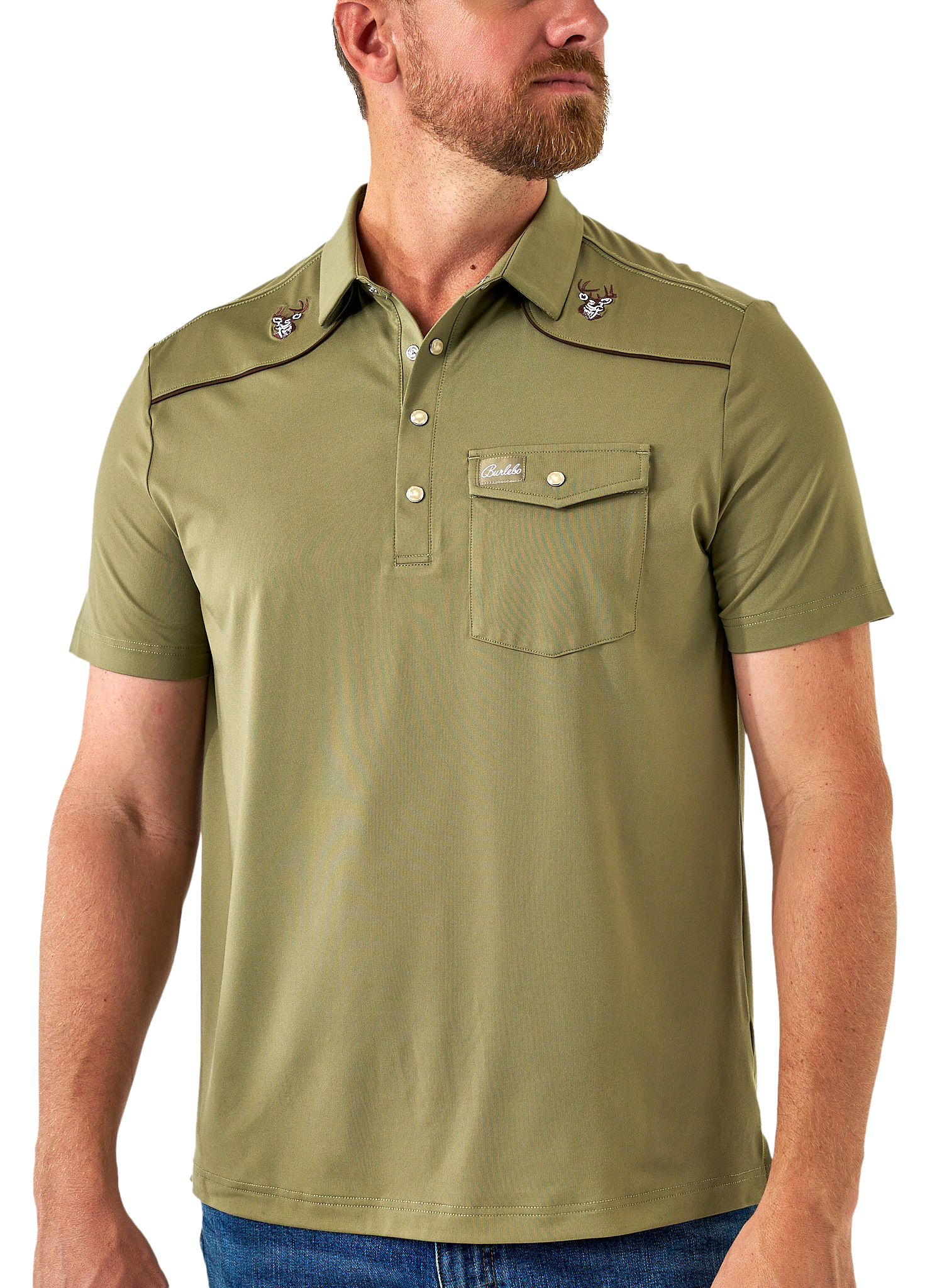 Image of BURLEBO Pearl Snap Performance Whitetail Deer Polo - Green