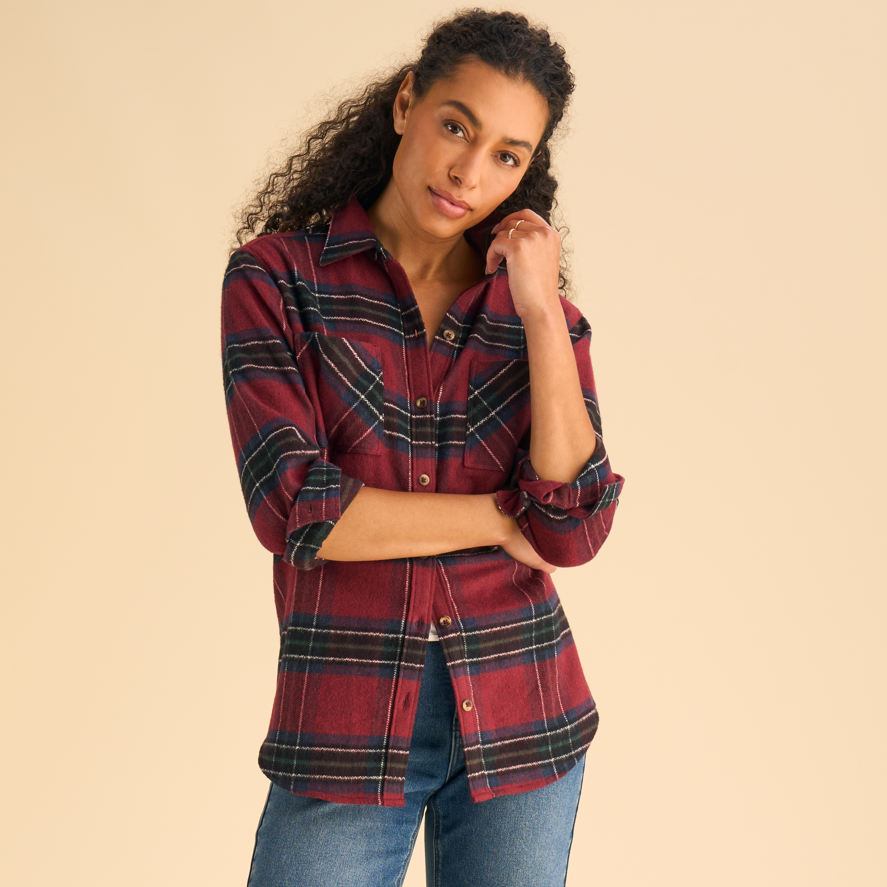 Natural Reflections Natural Reflections Heartside Flannel Long-Sleeve Button-Down Shirt - Rhubard Plaid - $34.99 at Bass Pro Shops