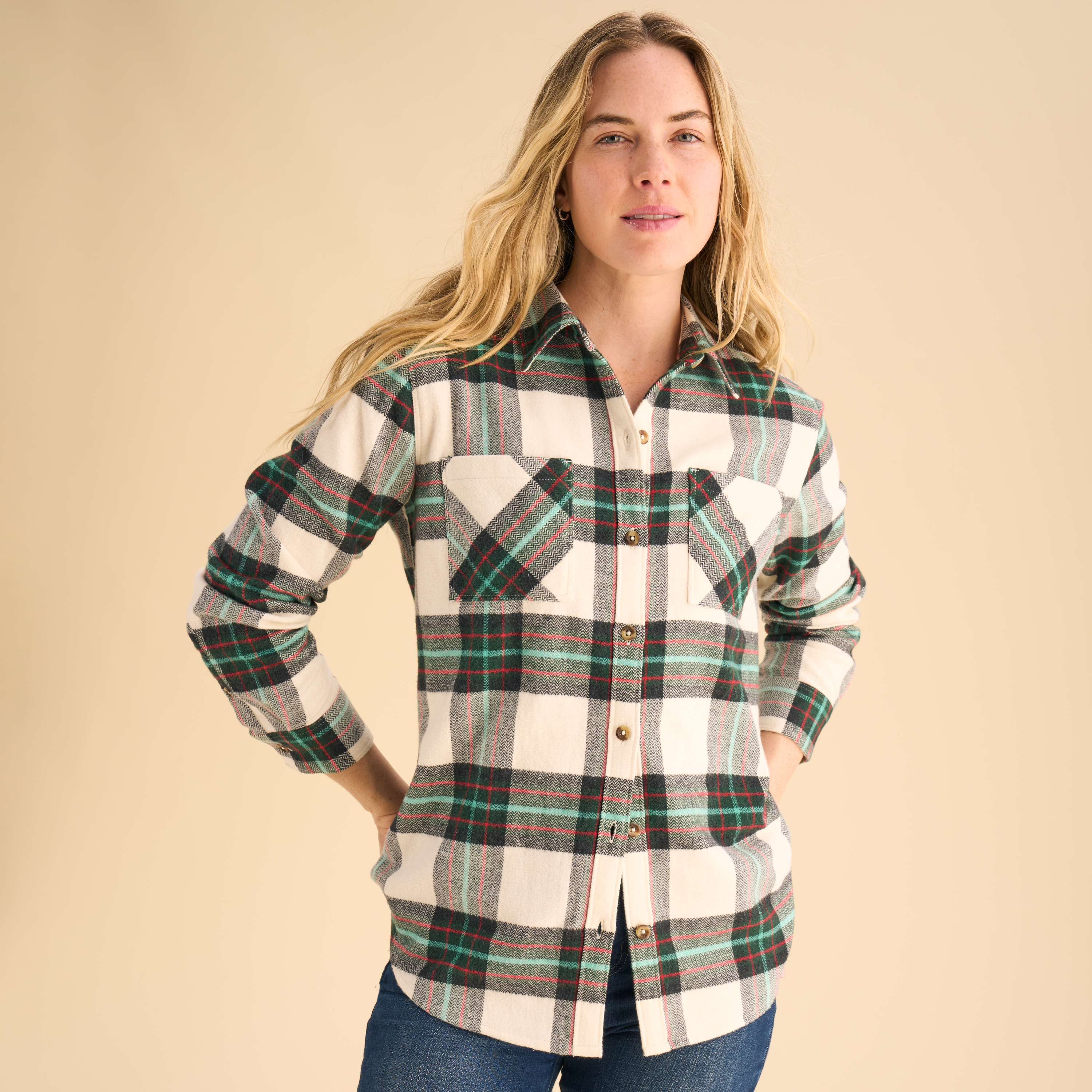 Natural Reflections Natural Reflections Heartside Flannel Long-Sleeve Button-Down Shirt - Egret Plaid - $34.99 at Bass Pro Shops