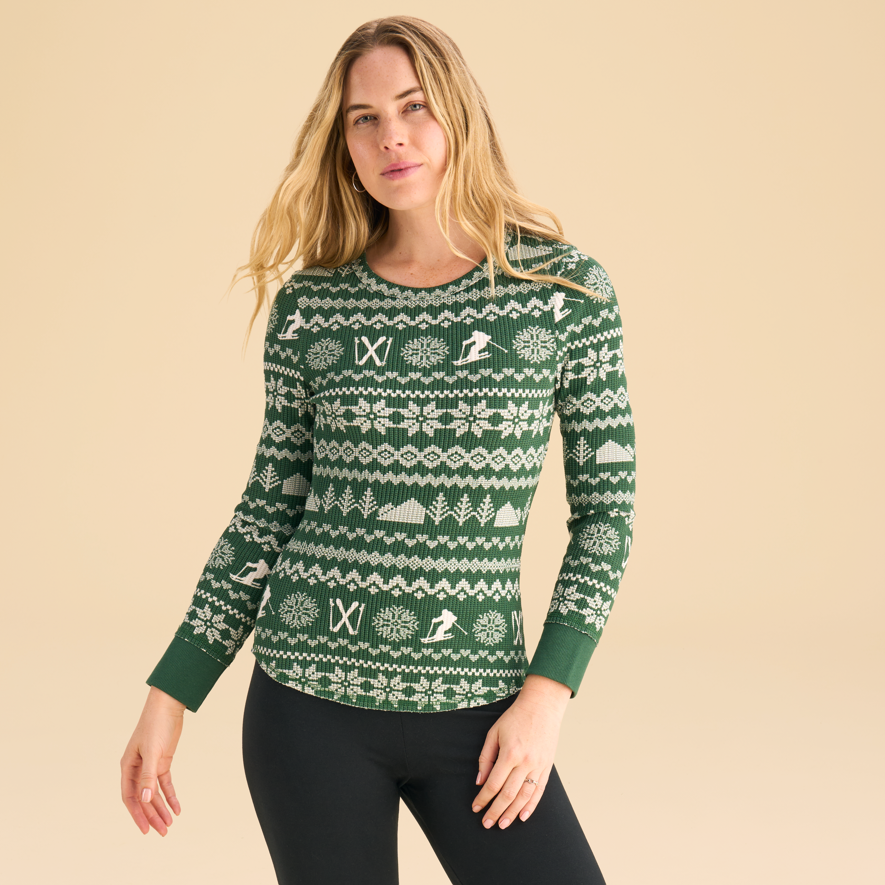 Natural Reflections Printed Waffle-Texture Long-Sleeve Shirt - Pineneedle