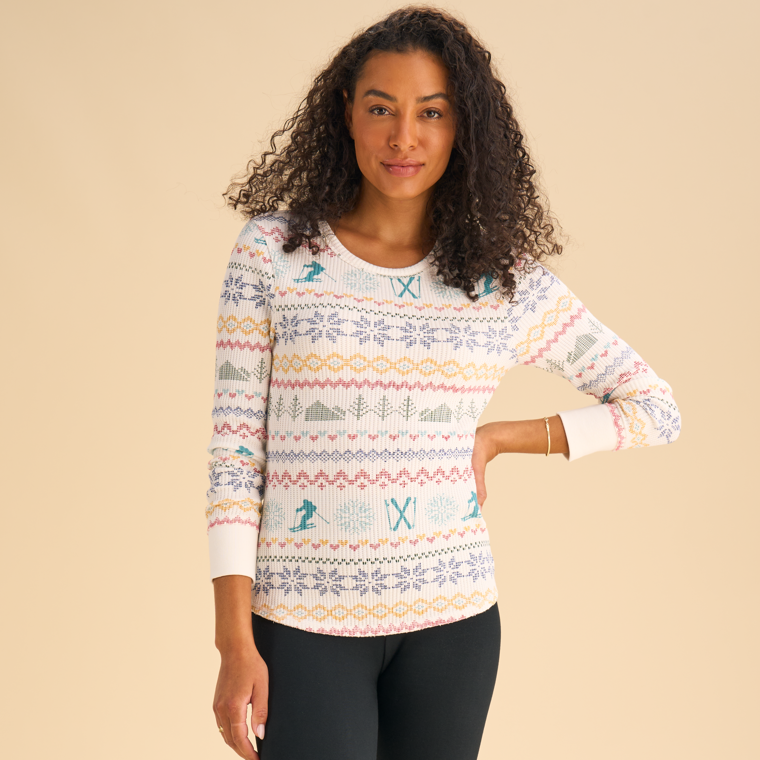 Natural Reflections Printed Waffle-Texture Long-Sleeve Shirt - Multi