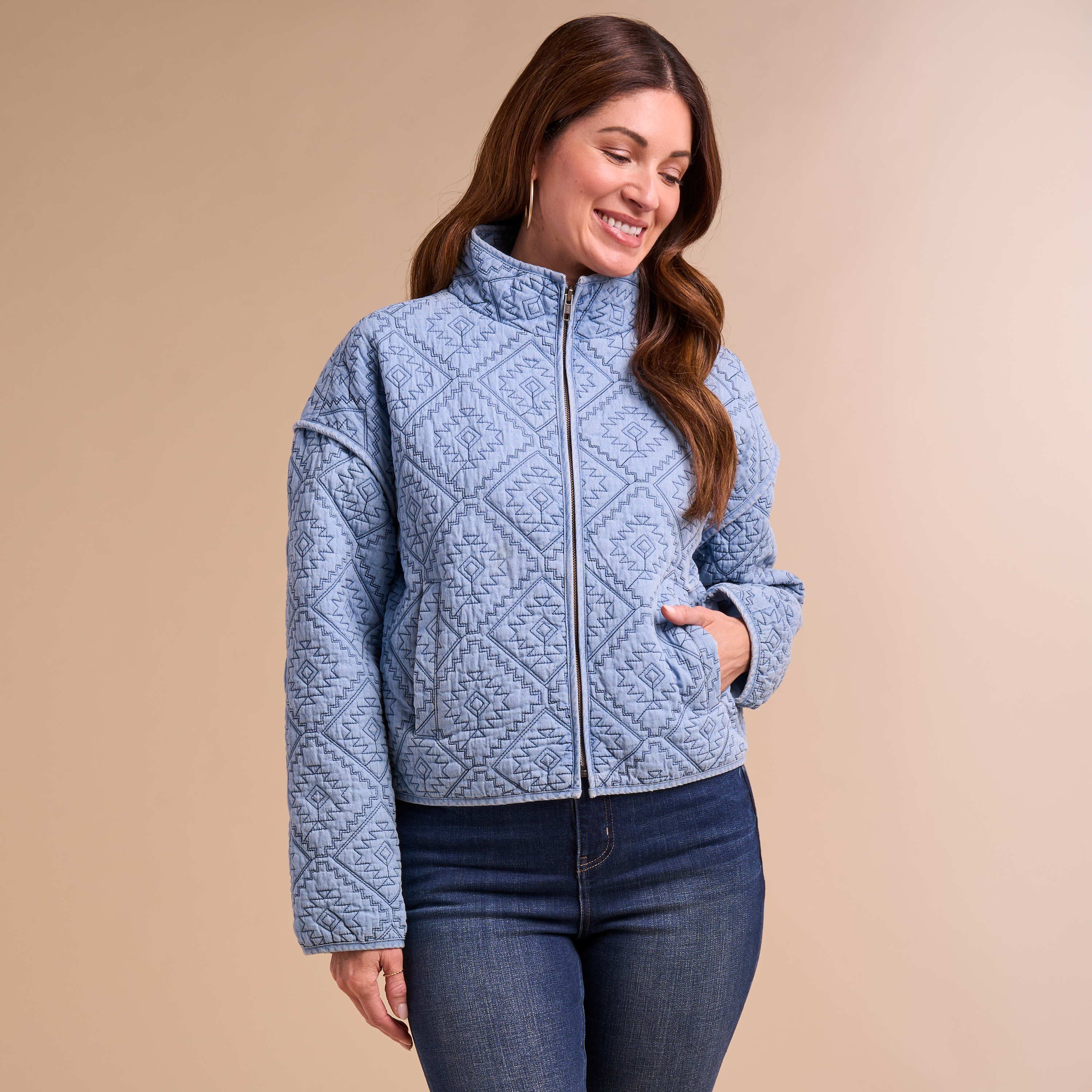 Image of Natural Reflections Geometric Quilted Zip-Up Jacket