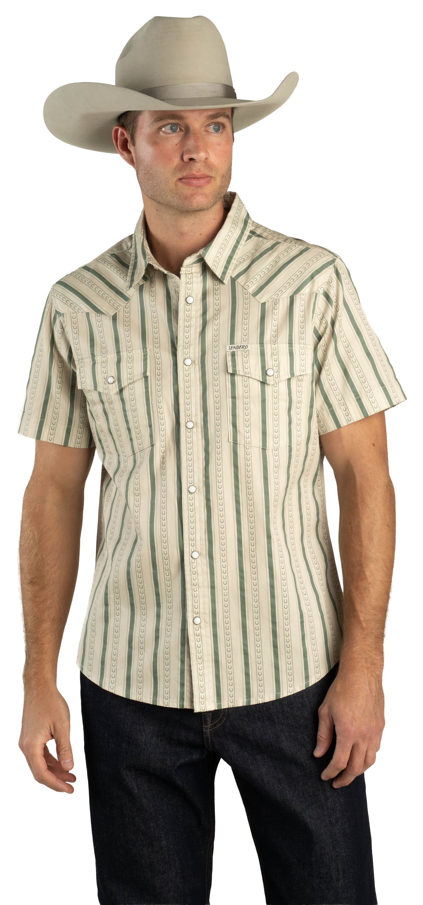 Image of Sendero Wyatt Pearl Snap Short-Sleeve Serape Shirt - Horseshoe Aloe